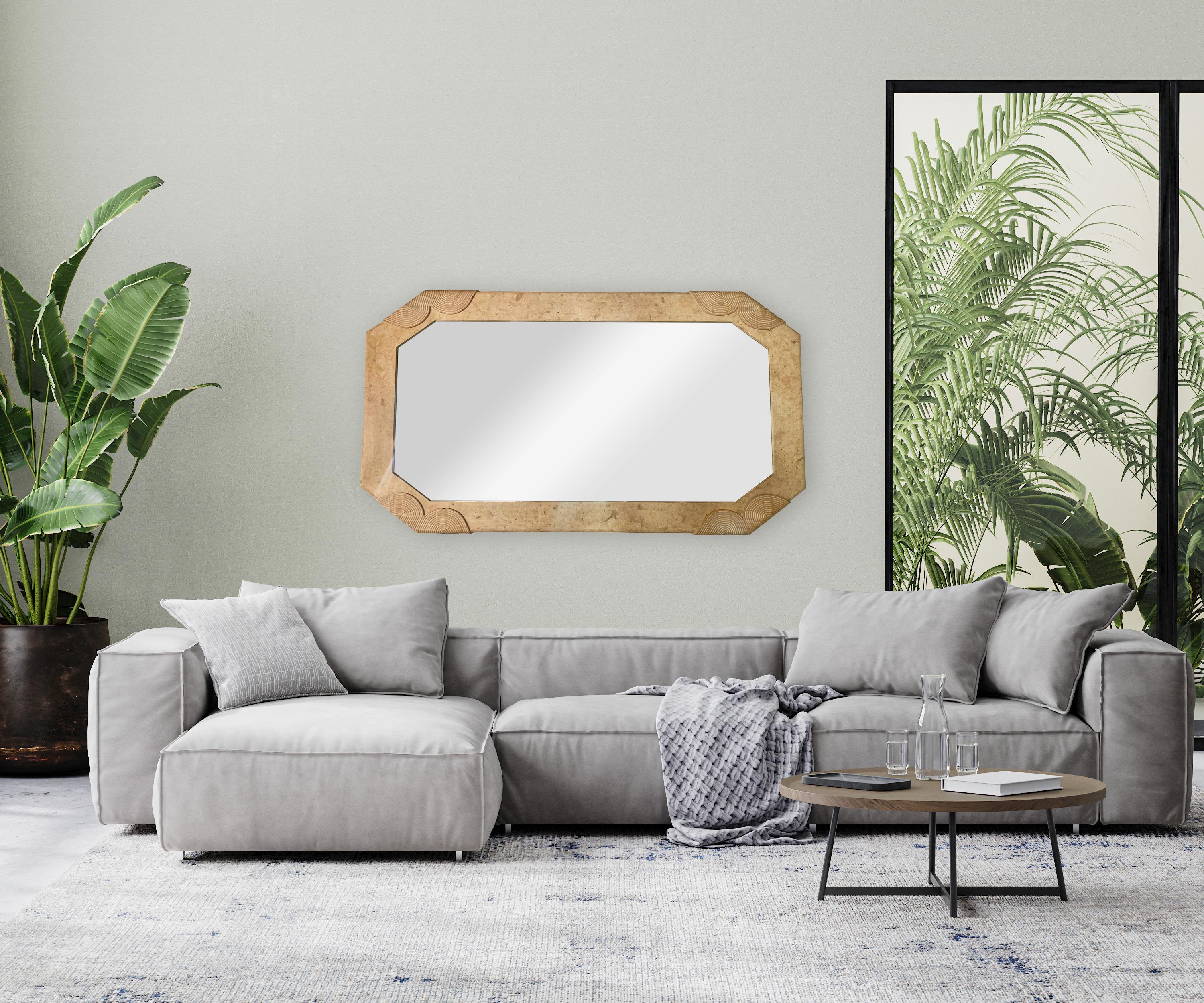 A dazzling Art Deco style large mirror. The mirror frame is hand carved of quality Mactan stone in octagonal shape showing beautiful texture and grains. Each corner has whirls patterns giving the mirror an avant-garde flair.
Simple yet elegant,