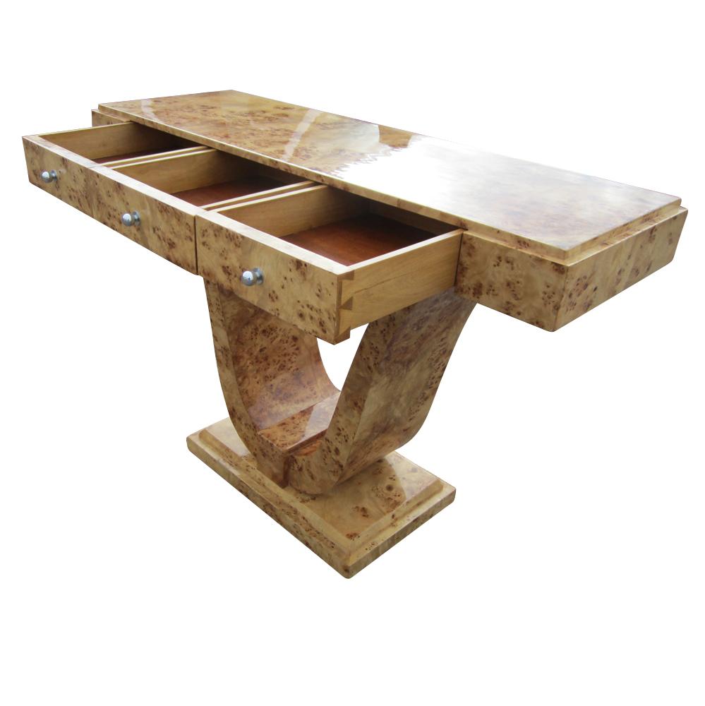 Art Deco Style Three Drawer Maple Burl Console Table 