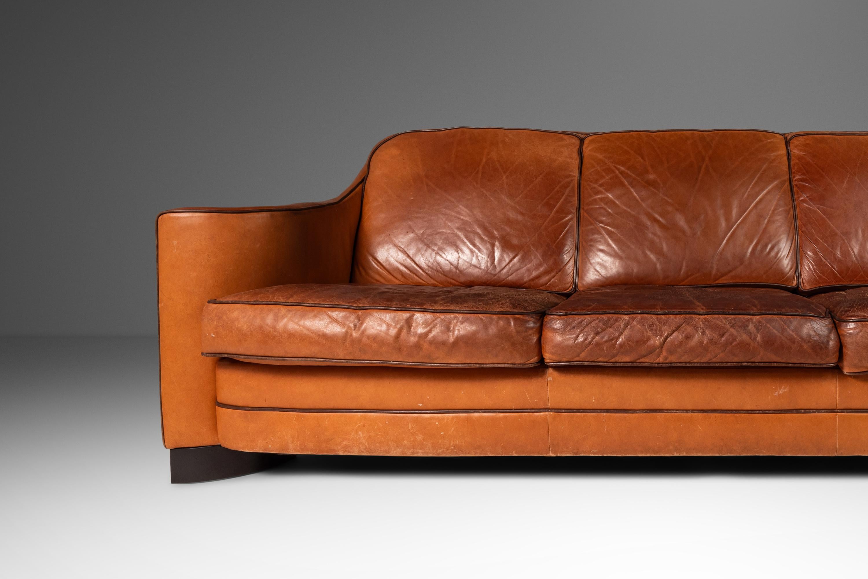 Art Deco Style Three-Seater Sofa with Sculptural Arms in Patinaed Leather, 1970s For Sale 3