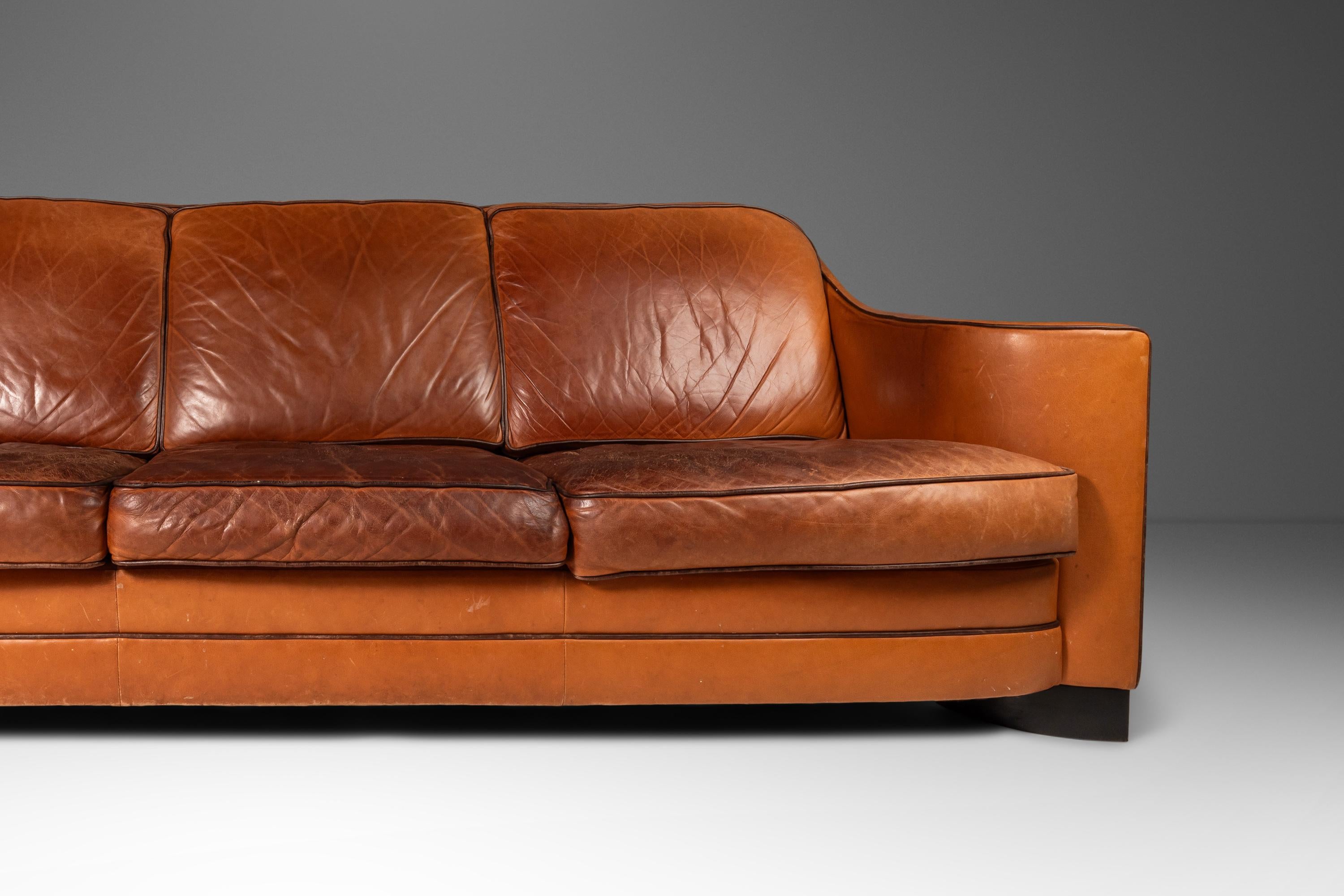 Art Deco Style Three-Seater Sofa with Sculptural Arms in Patinaed Leather, 1970s For Sale 4