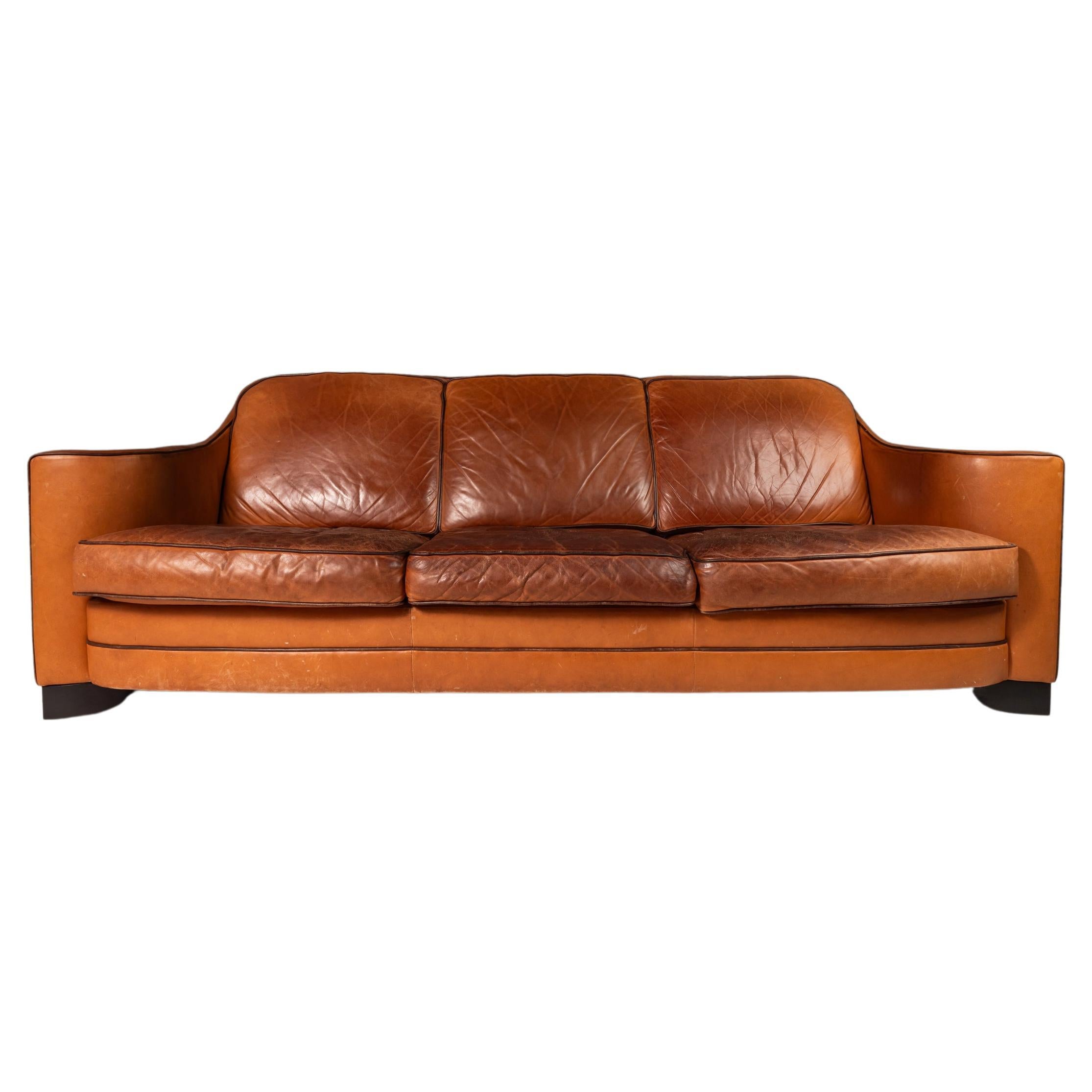 Art Deco Style Three-Seater Sofa with Sculptural Arms in Patinaed Leather, 1970s For Sale