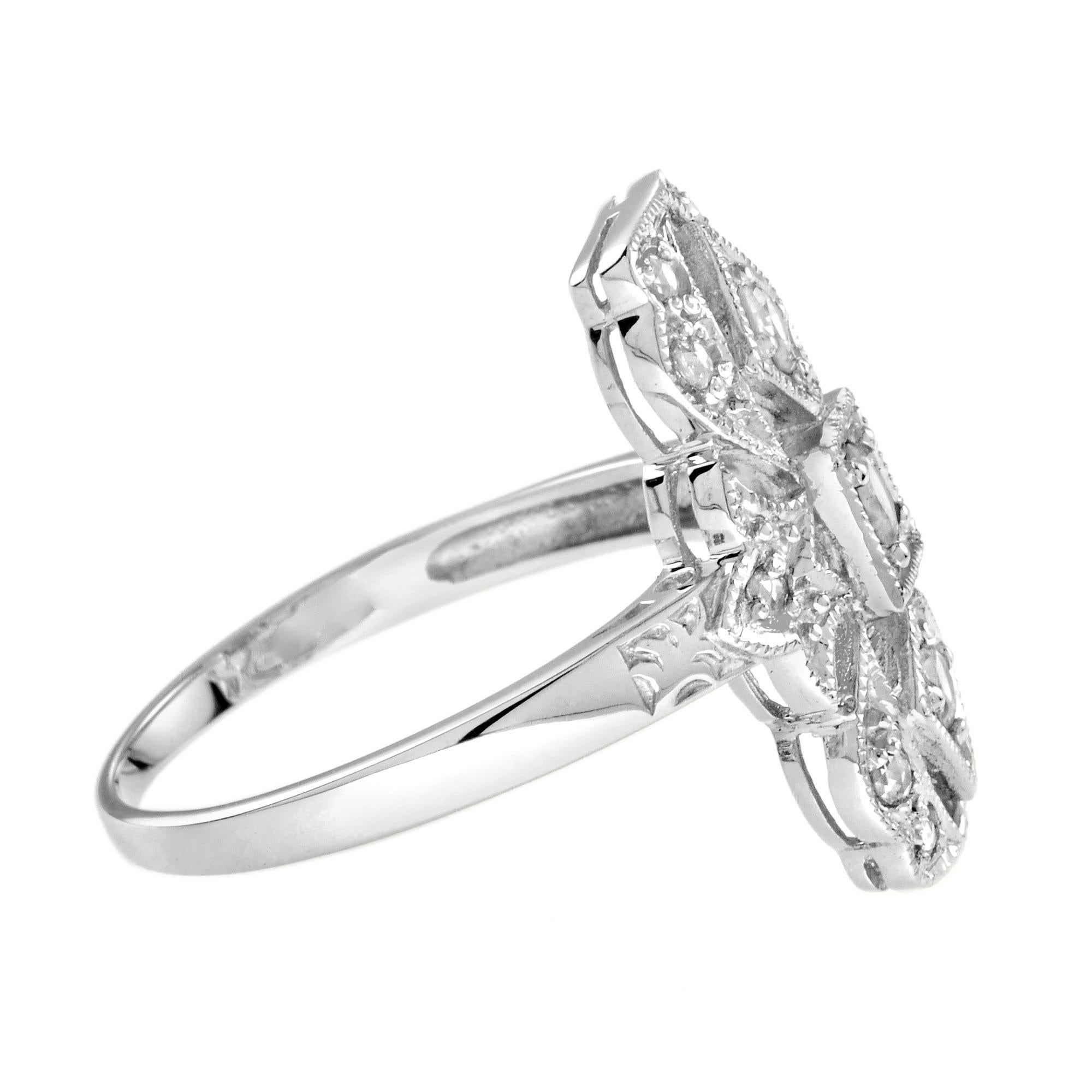 Round Cut Art Deco Style Three Stone Diamond Filigree 14K White Gold Ring For Sale