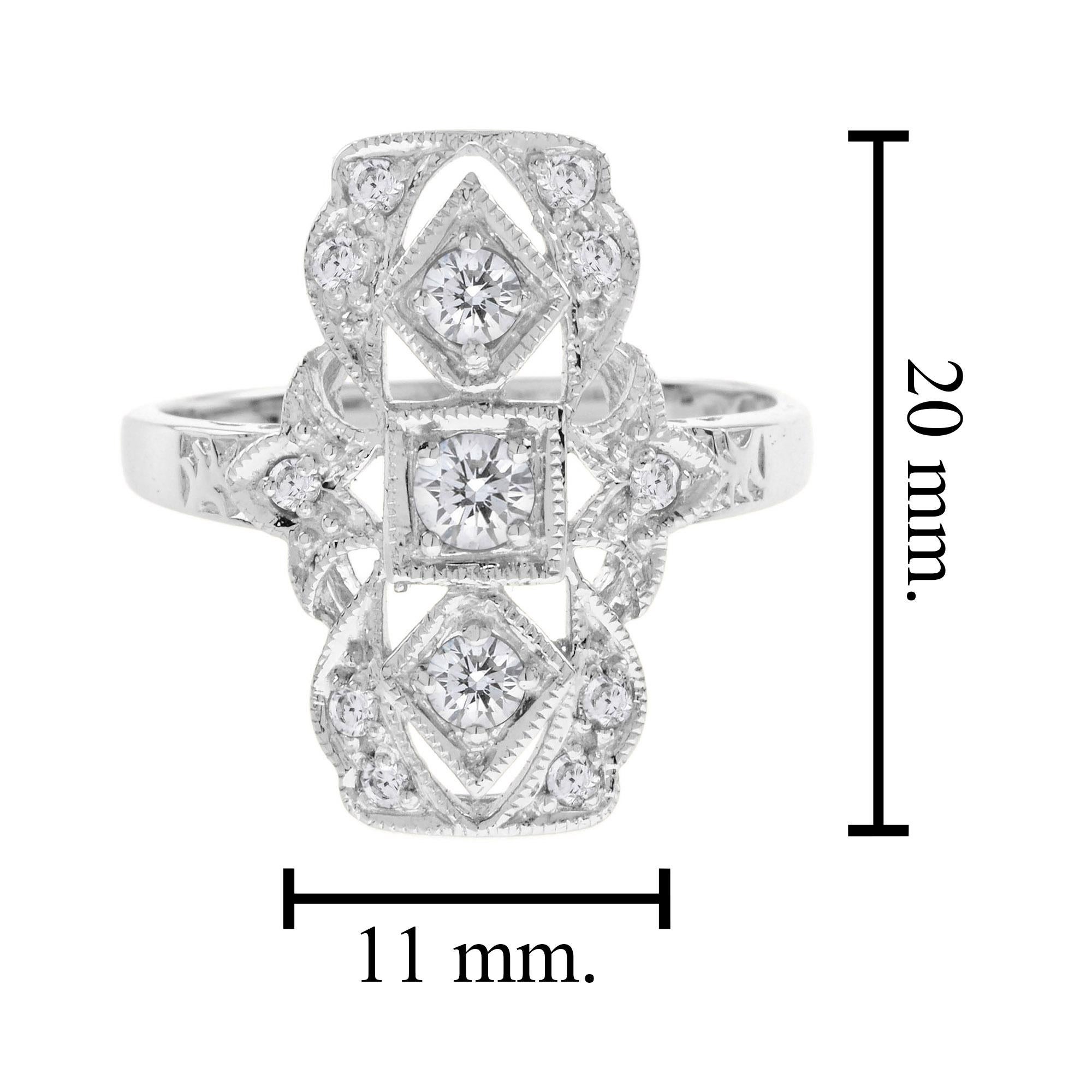 Art Deco Style Three Stone Diamond Filigree 14K White Gold Ring For Sale 1