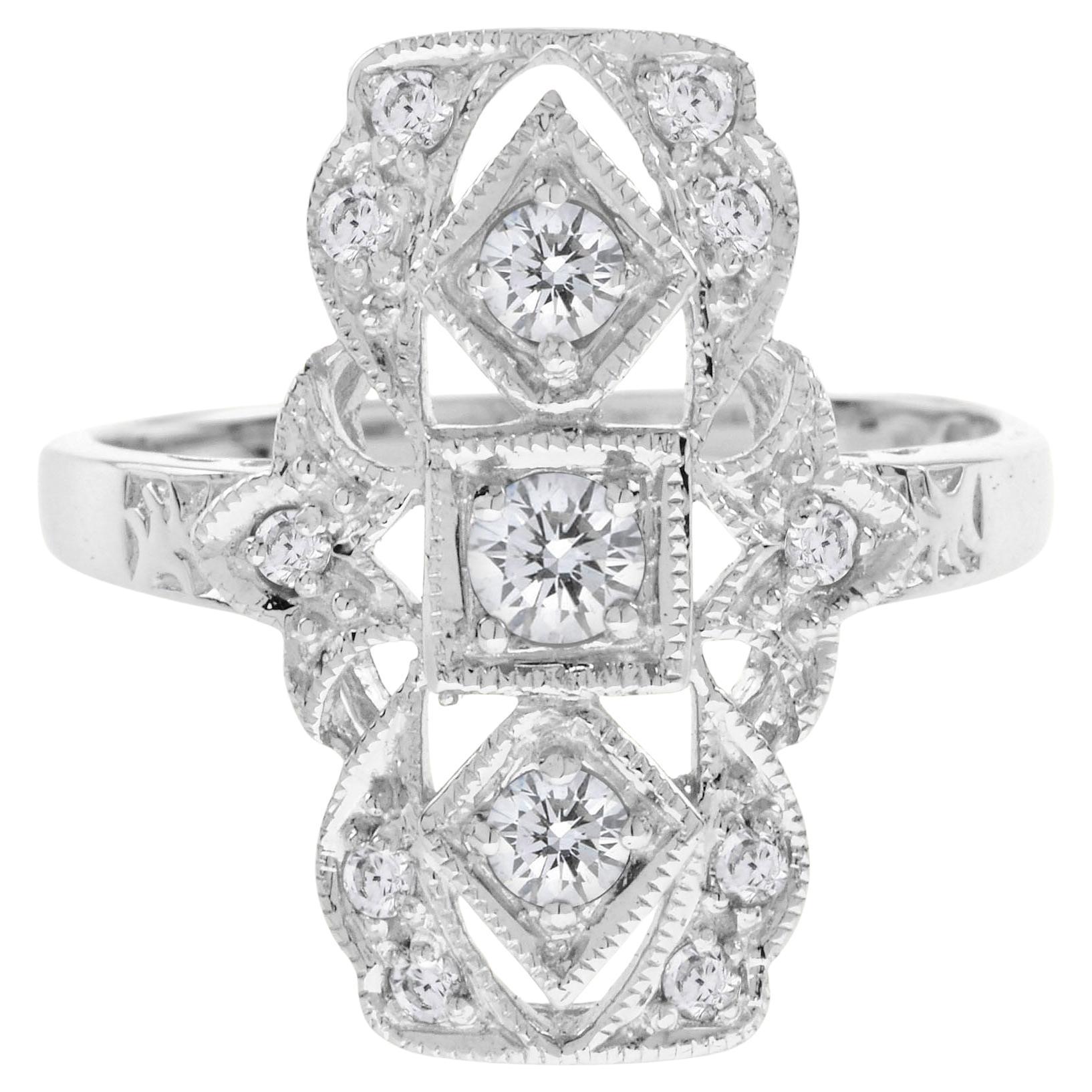 Art Deco Style Three Stone Diamond Filigree 14K White Gold Ring