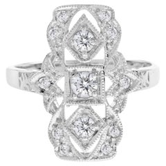 Art Deco Style Three Stone Diamond Filigree 14K White Gold Ring