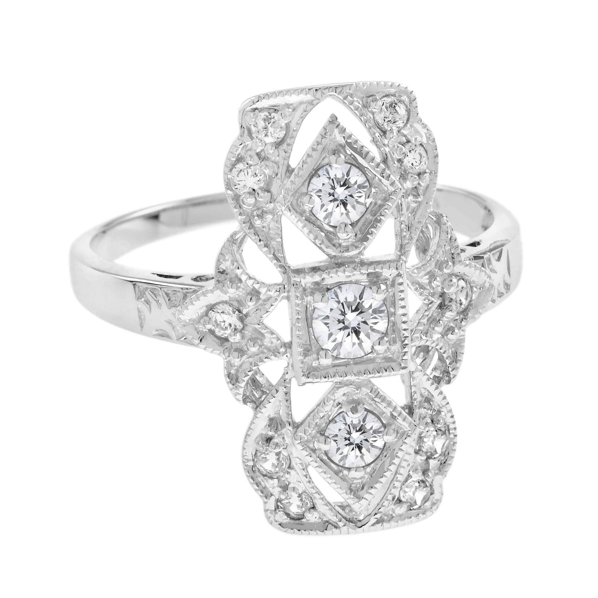 For Sale:  Art Deco Style Three Stone Filigree Dinner Ring in 18K White Gold 2