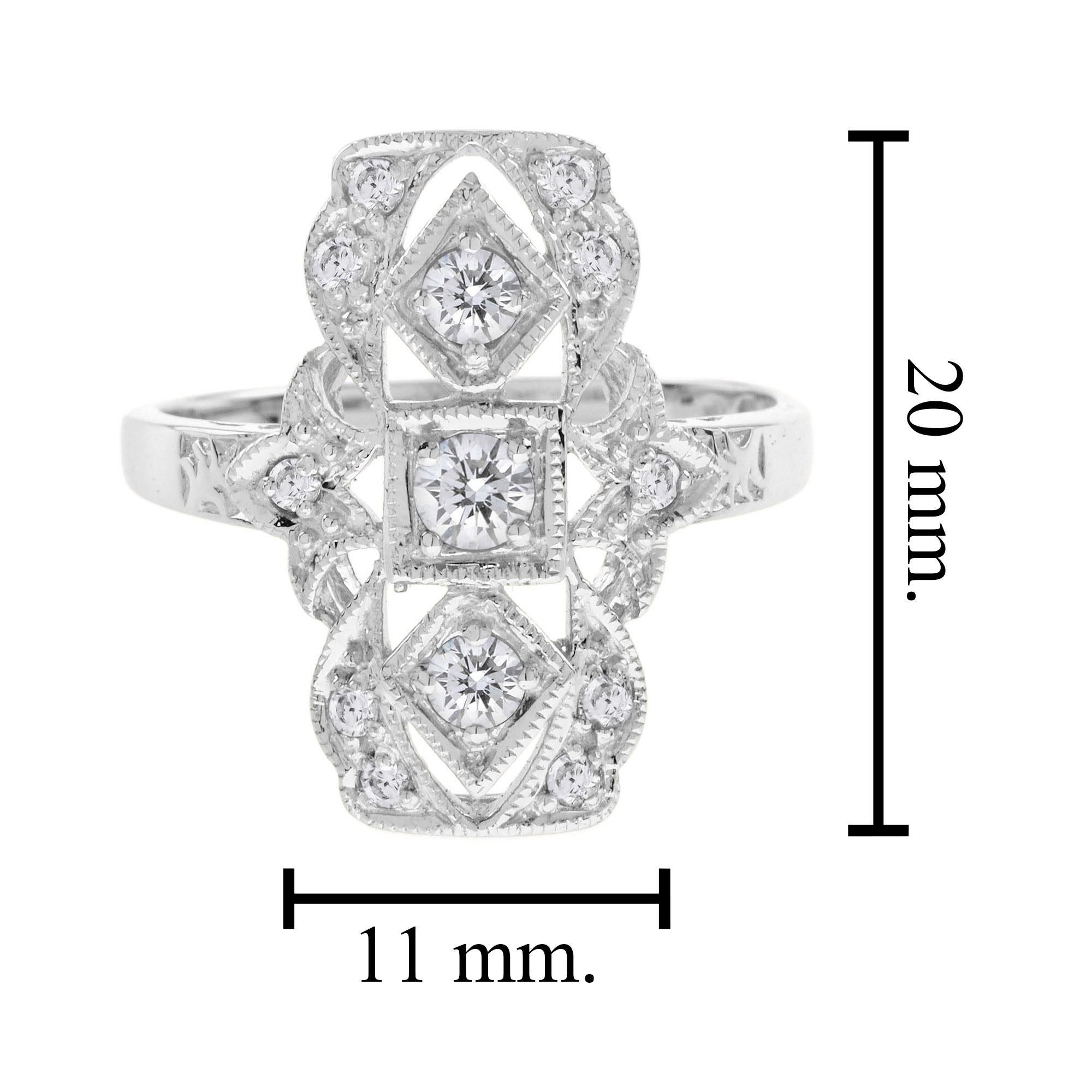 For Sale:  Art Deco Style Three Stone Filigree Dinner Ring in 18K White Gold 6