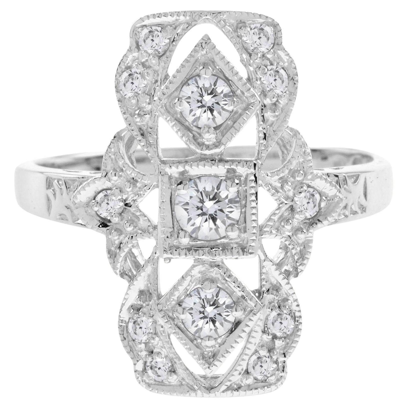 For Sale:  Art Deco Style Three Stone Filigree Dinner Ring in 18K White Gold