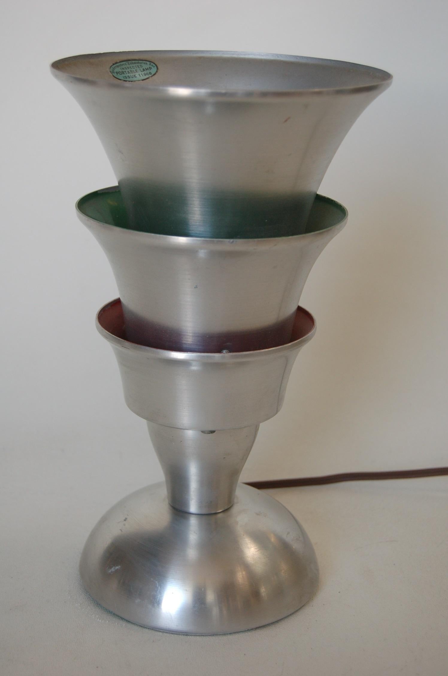 Art Deco style brushed aluminum red and green industrial accent flood table lamp. Underwriters laboratory. Measures 6