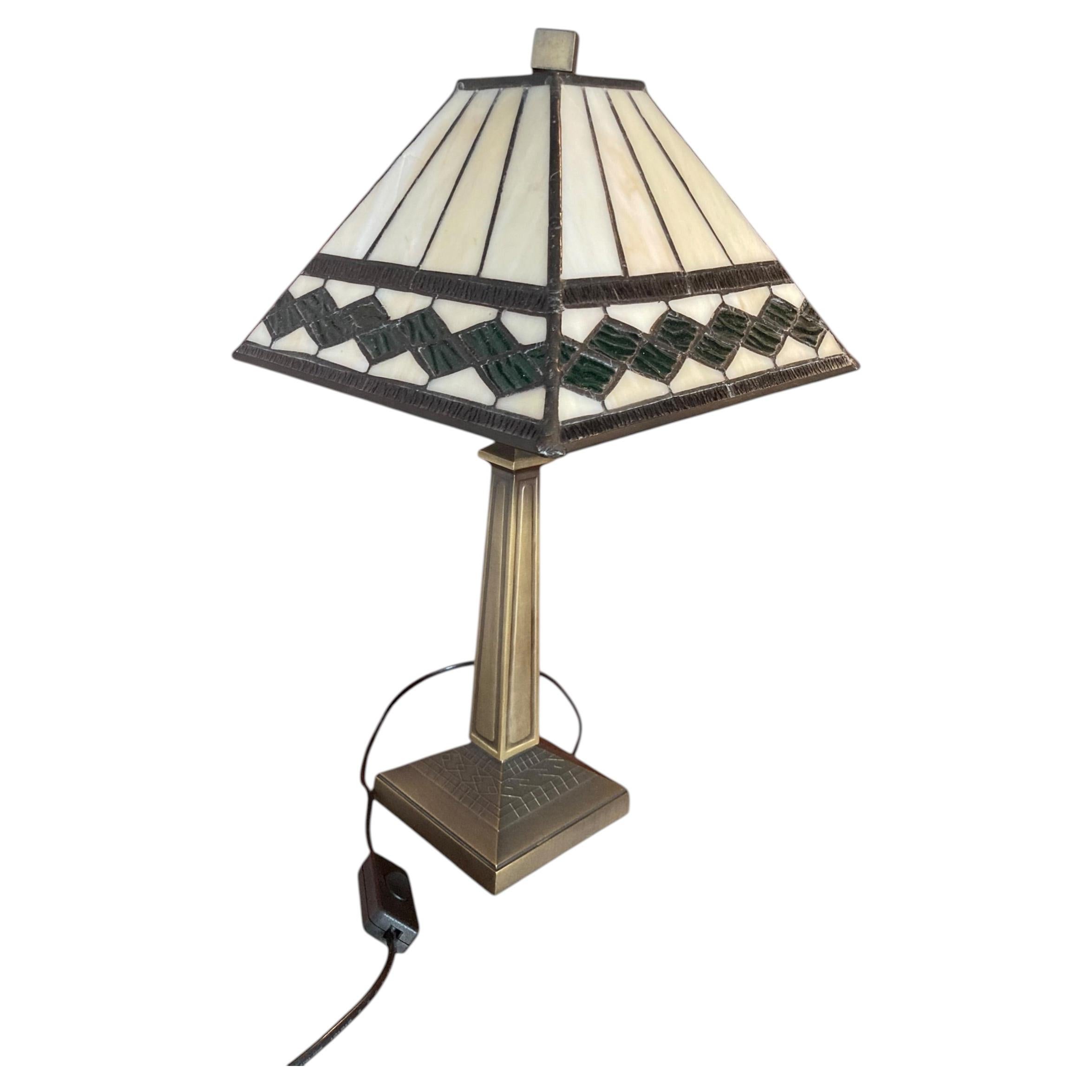 Art Deco Tiffany Table Lamp, Stained Glass, Pyramid Shade, UK, 1980 For Sale