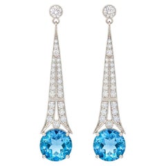 Pendientes de gota de topacio incoloro y topacio estilo art déco plata, oro