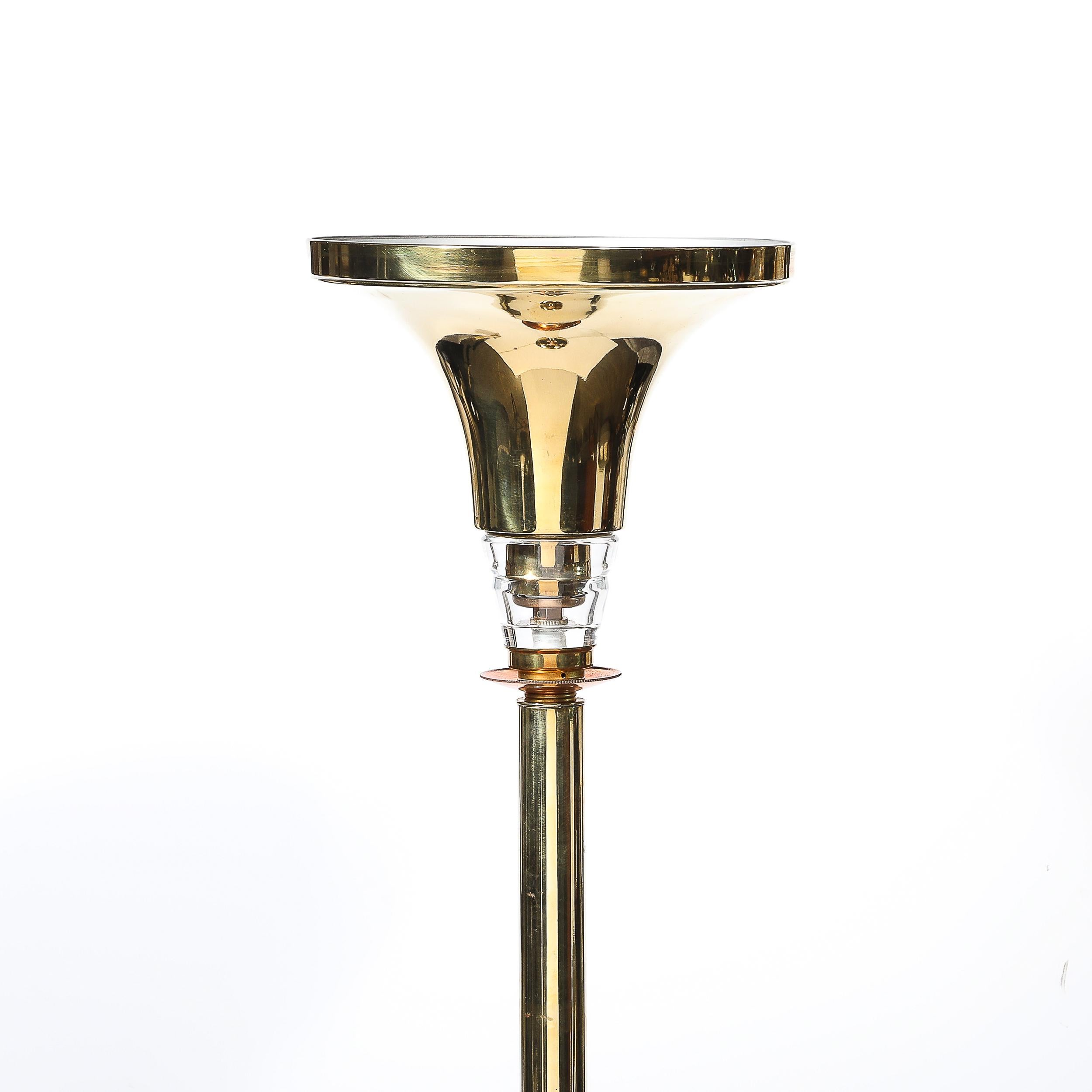 Art Deco Style Torchiere In Polished Brass W/ Copper & Lucite Stacked Fittings For Sale 5