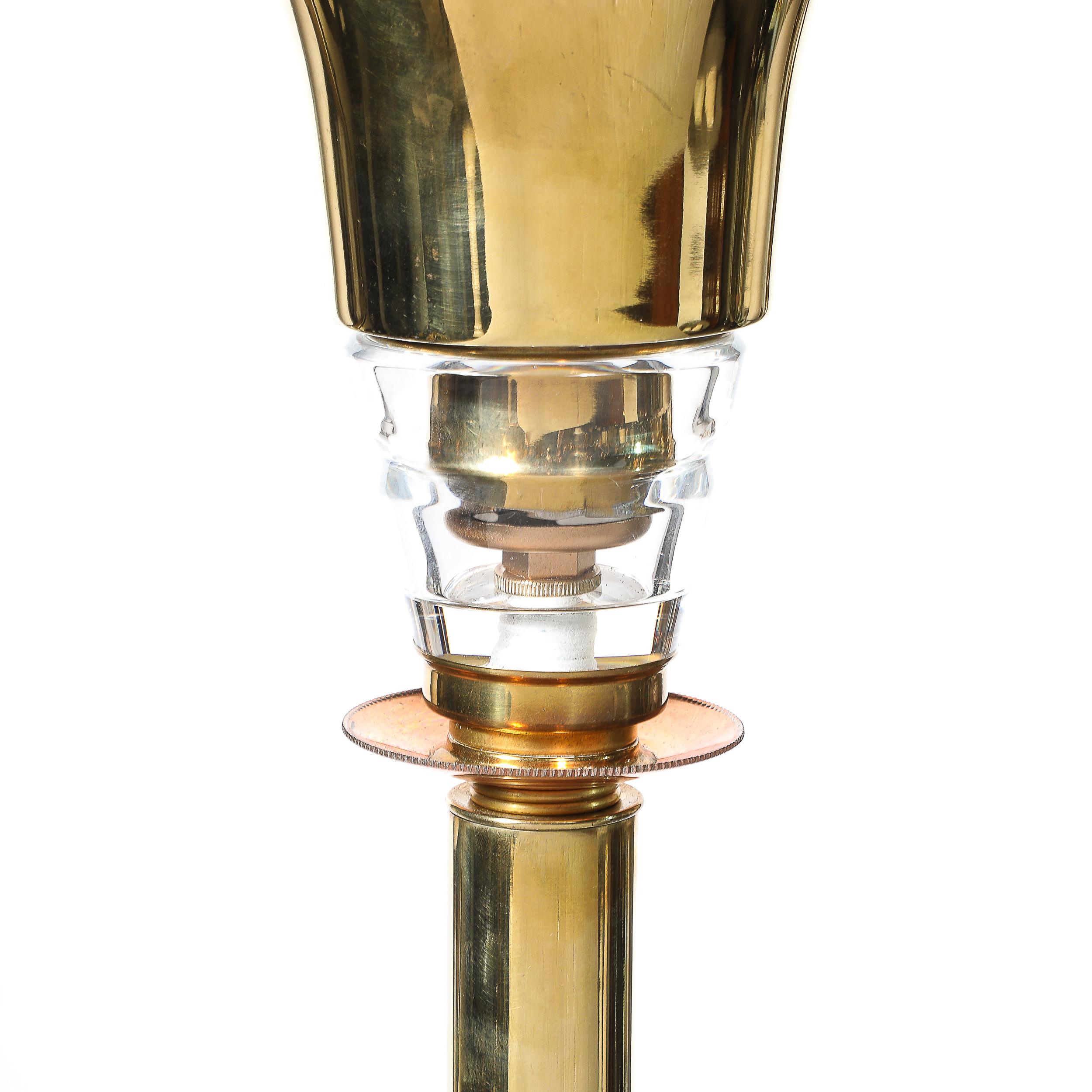 American Art Deco Style Torchiere In Polished Brass W/ Copper & Lucite Stacked Fittings For Sale