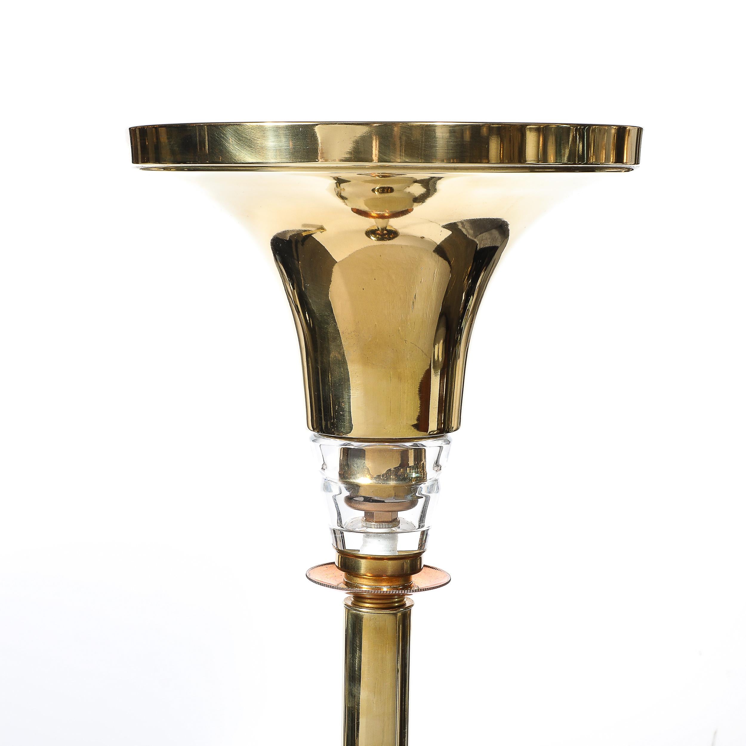 Art Deco Style Torchiere In Polished Brass W/ Copper & Lucite Stacked Fittings In Excellent Condition For Sale In New York, NY