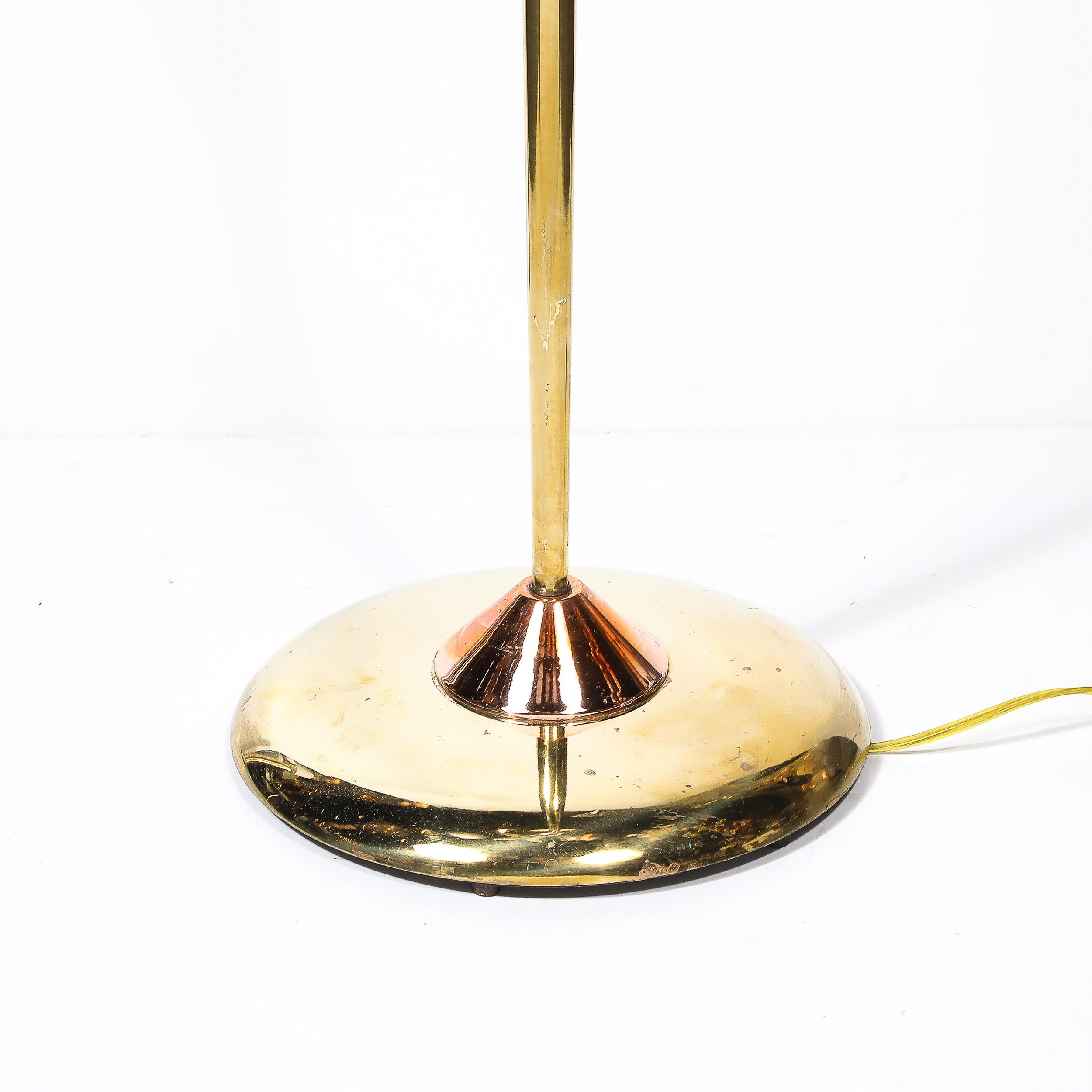 Late 20th Century Art Deco Style Torchiere In Polished Brass W/ Copper & Lucite Stacked Fittings For Sale