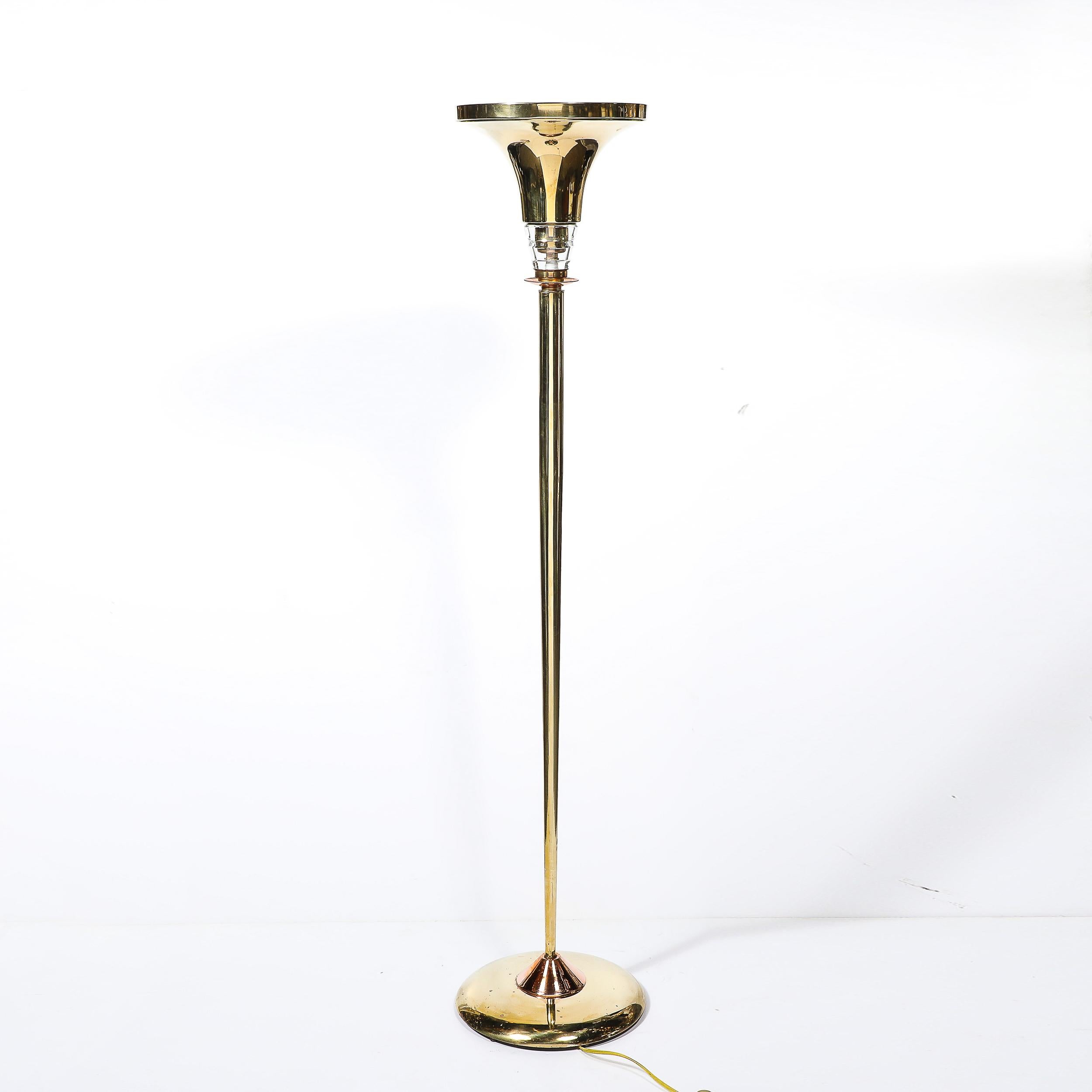 Art Deco Style Torchiere In Polished Brass W/ Copper & Lucite Stacked Fittings For Sale 2