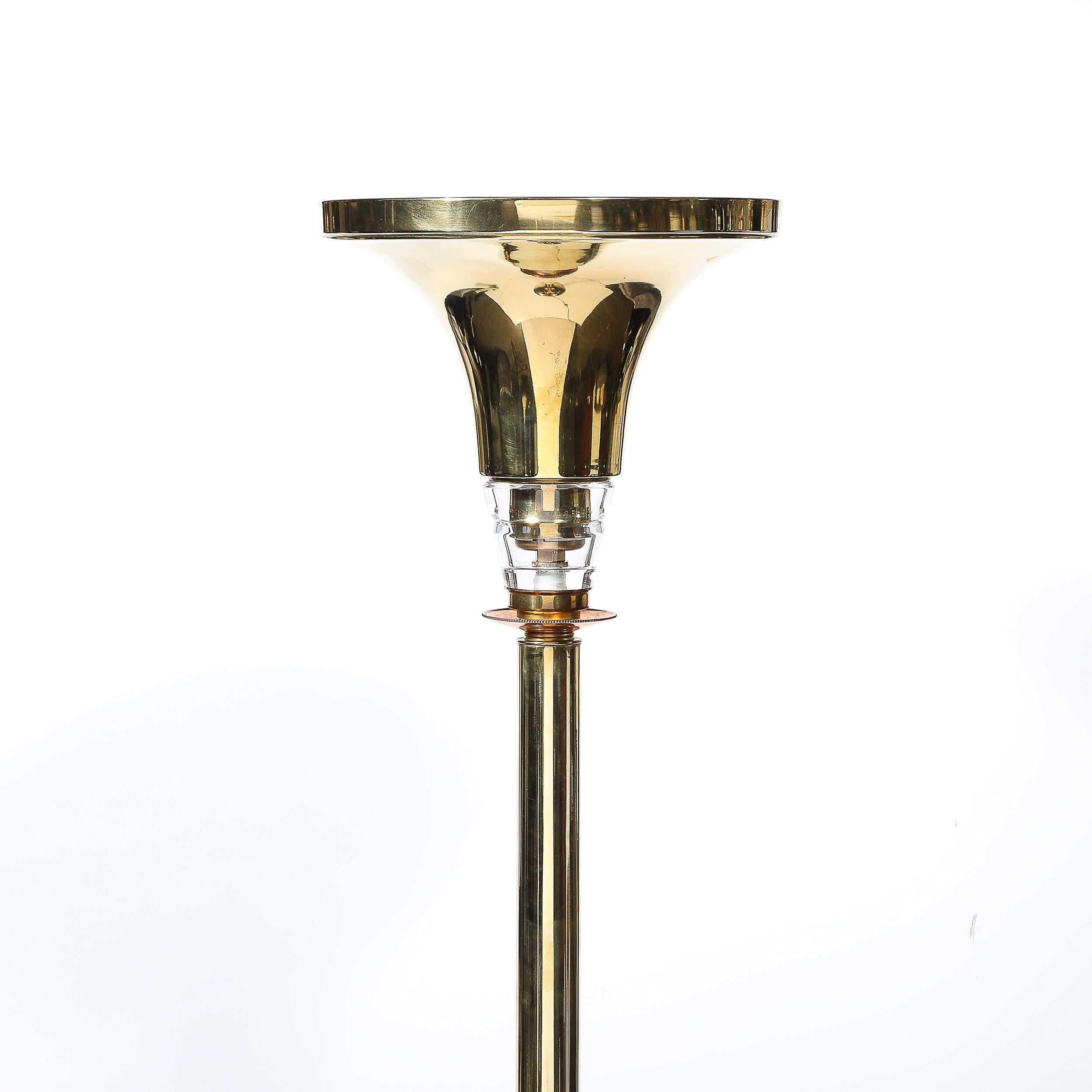 Art Deco Style Torchiere In Polished Brass W/ Copper & Lucite Stacked Fittings For Sale 3