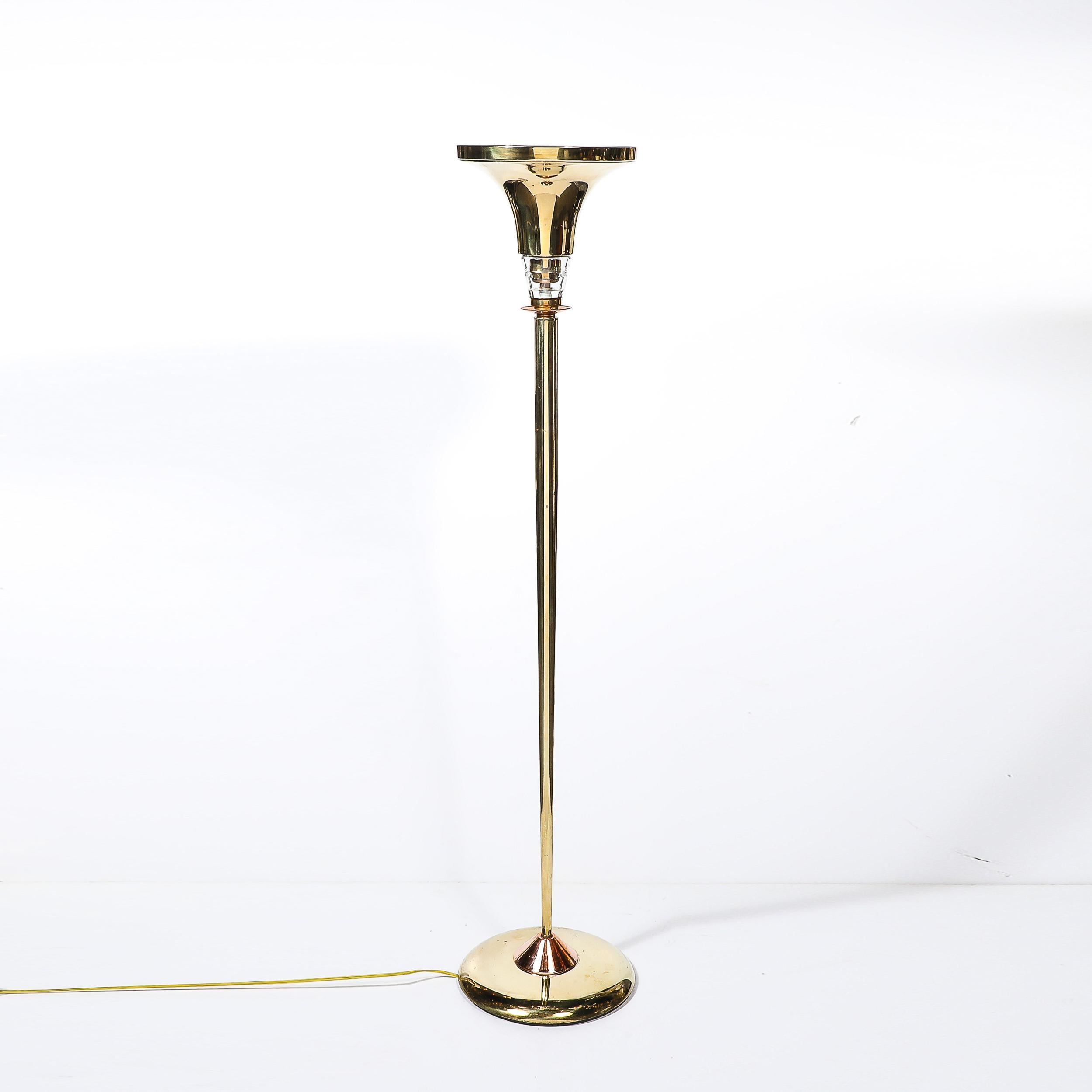 Art Deco Style Torchiere In Polished Brass W/ Copper & Lucite Stacked Fittings For Sale 4