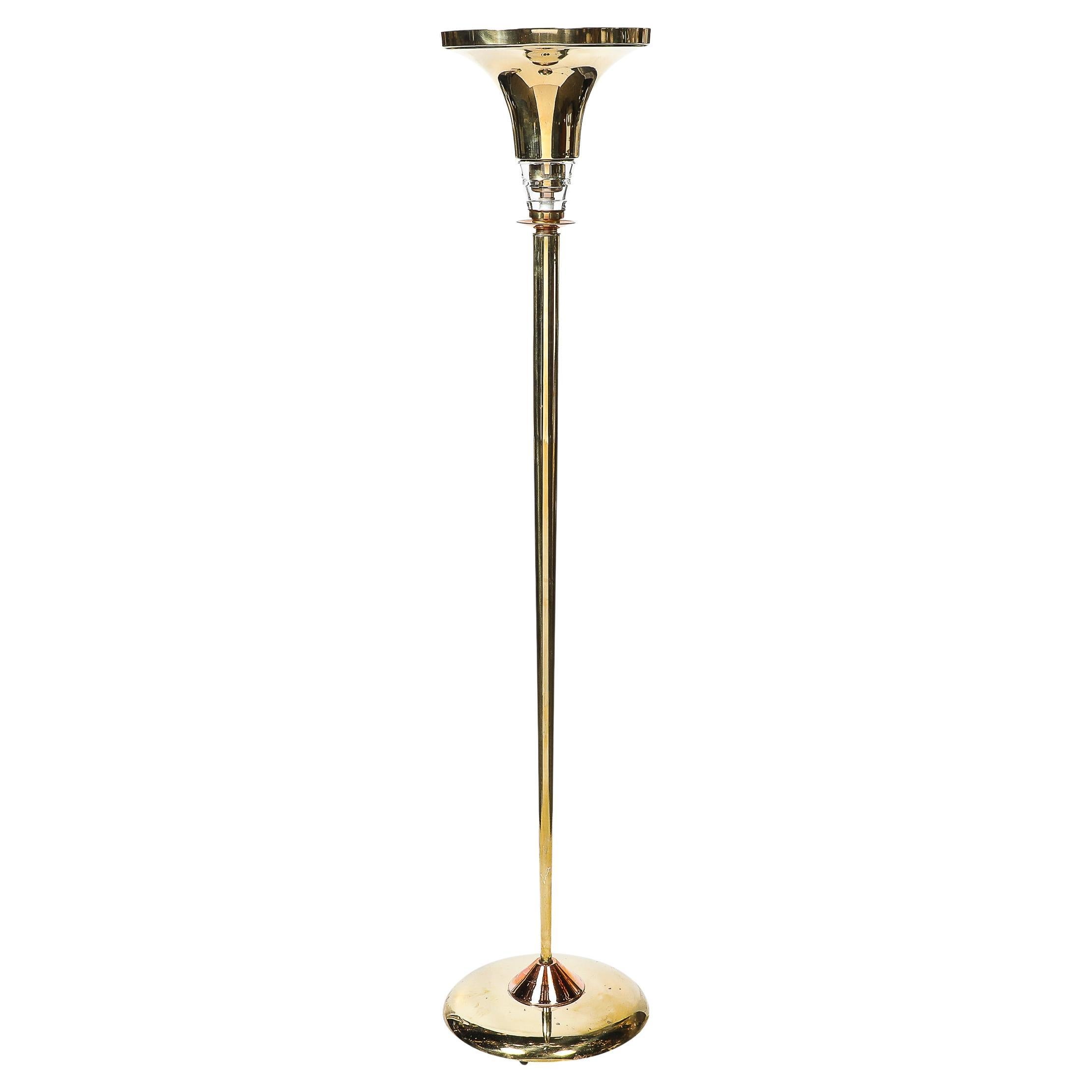 Art Deco Style Torchiere In Polished Brass W/ Copper & Lucite Stacked Fittings For Sale
