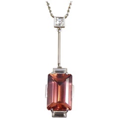 Art Deco Style Tourmaline and Diamond Drop Necklace Set in 18ct White Gold