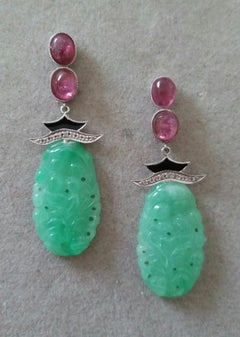 Art Deco Style Tourmaline Cabs Gold Diamonds Enamel Carved Jade Dangle Earrings