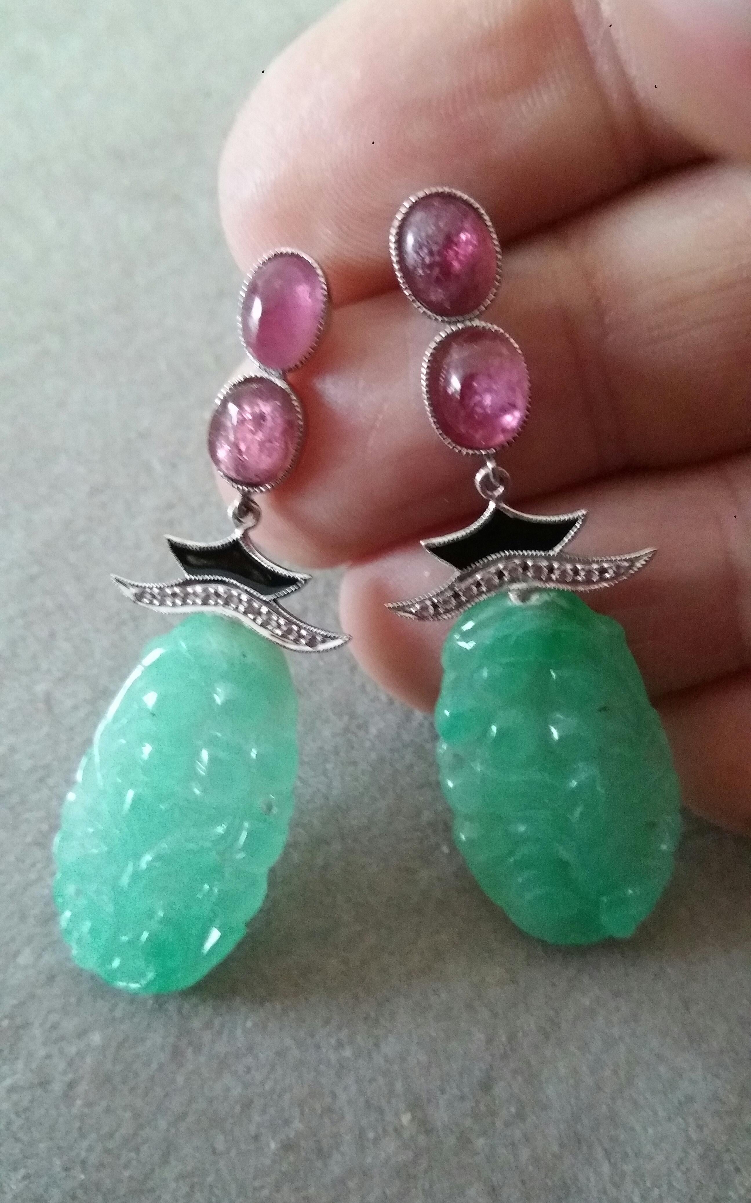 Mixed Cut Art Deco Style Tourmaline Cabs Gold Diamonds Enamel Carved Jade Dangle Earrings For Sale