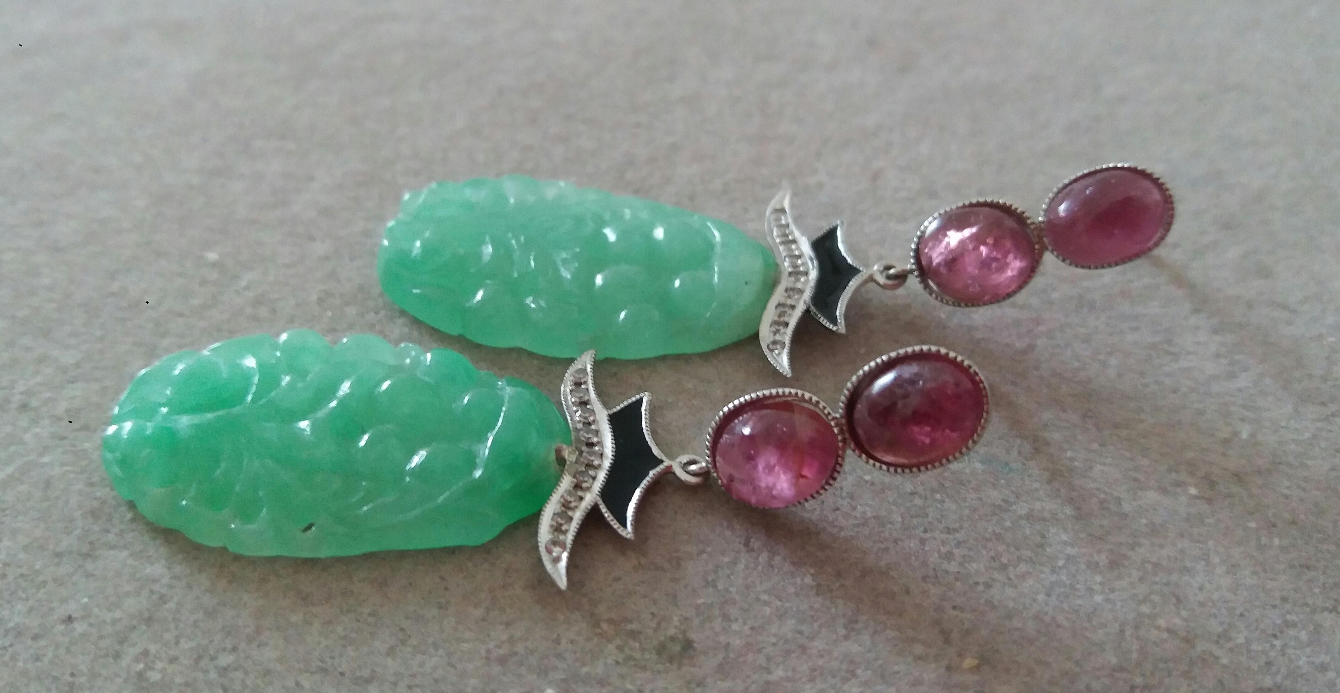 Art Deco Style Tourmaline Cabs Gold Diamonds Enamel Carved Jade Dangle Earrings In Good Condition For Sale In Bangkok, TH