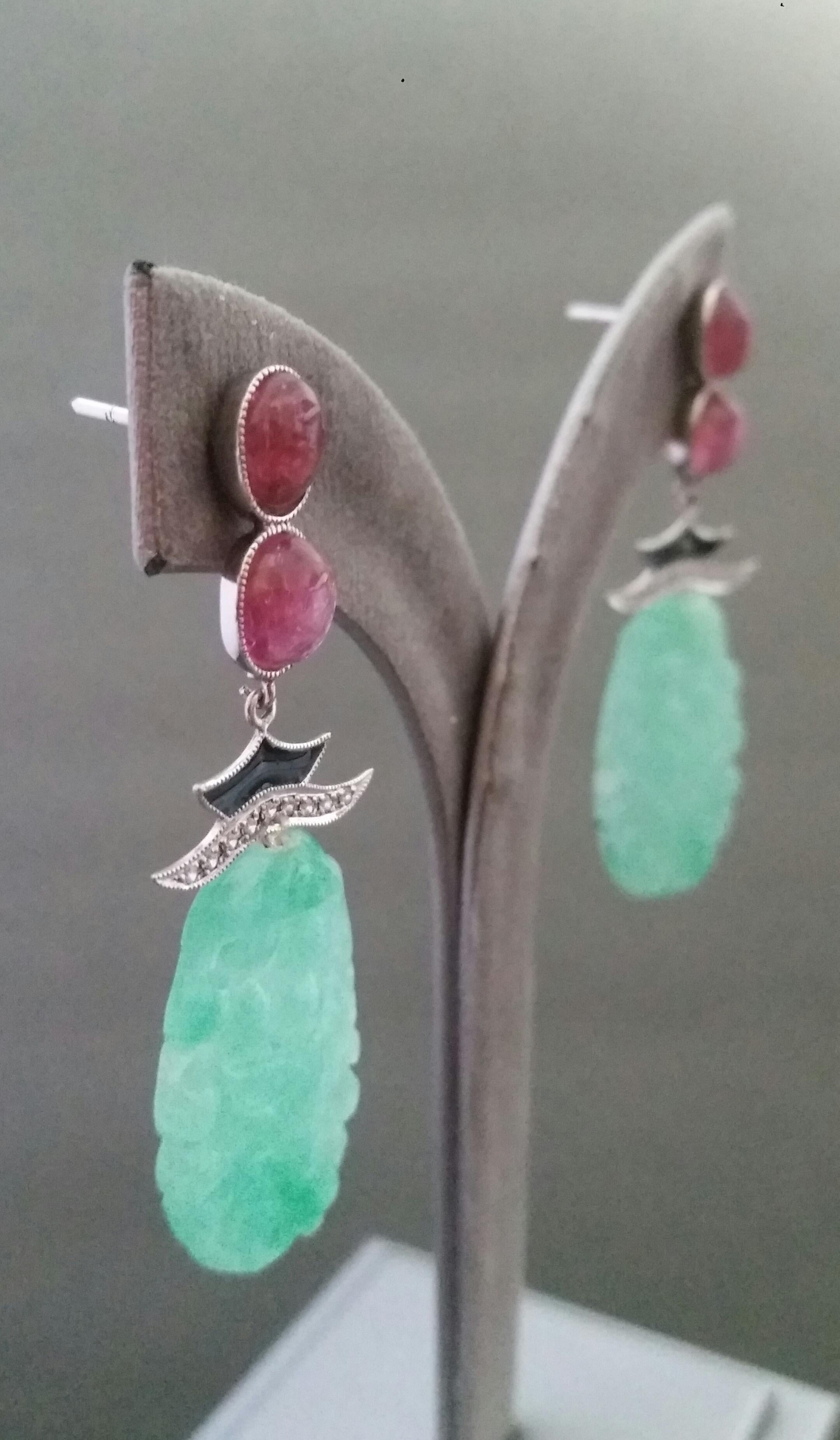 Art Deco Style Tourmaline Cabs Gold Diamonds Enamel Carved Jade Dangle Earrings For Sale 3