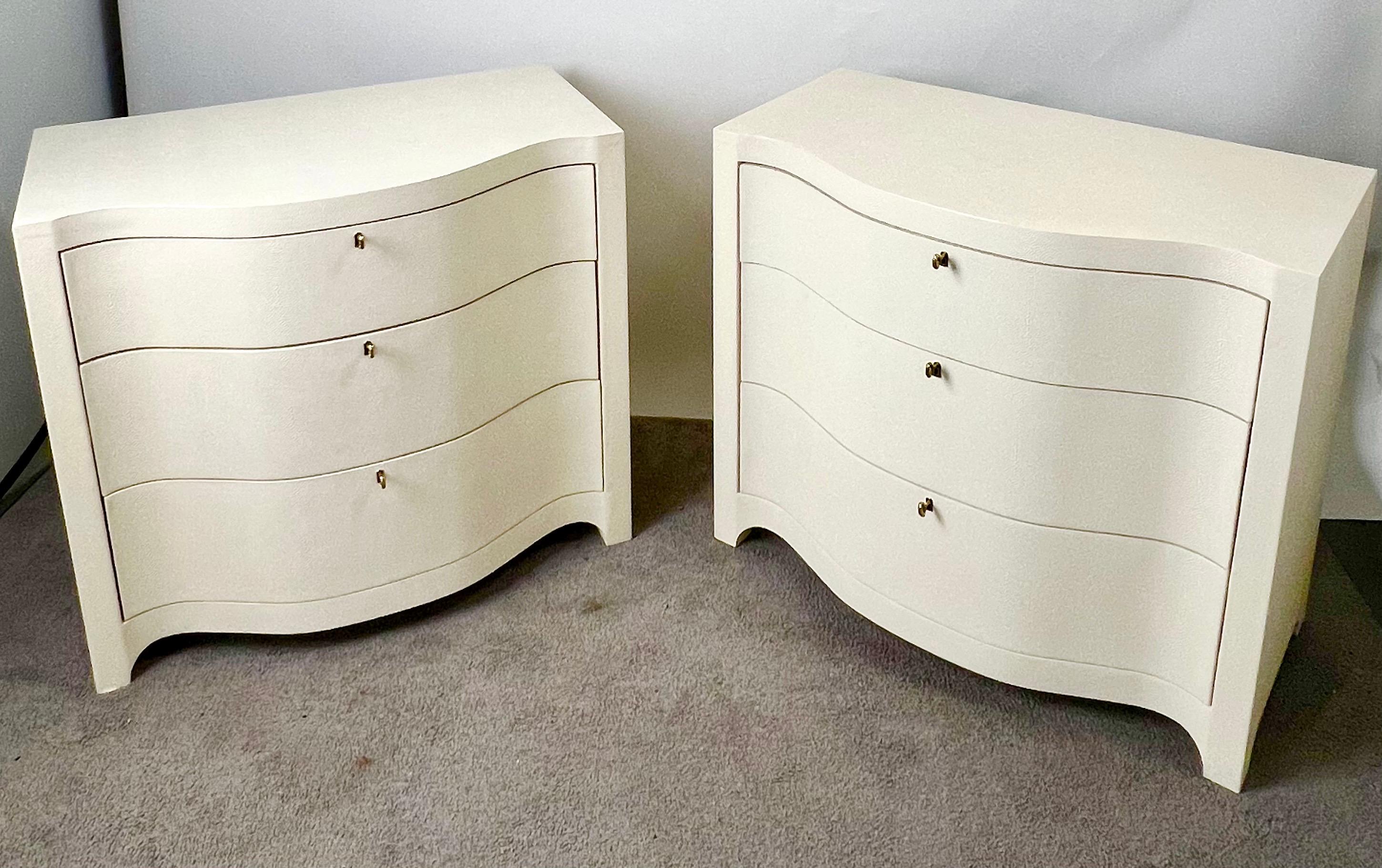 Embossed Art Deco Style Transitional Serpentine Faux Shagreen Nightstand or Dresser, Pair For Sale