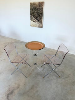 Art Deco Style Tray Table on Lucite + Chrome Frame, 1950s Metal Painted Tray