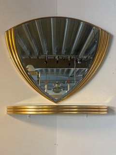 Art-deco triangle golden wall mirror with console 1970 Belgium -set-