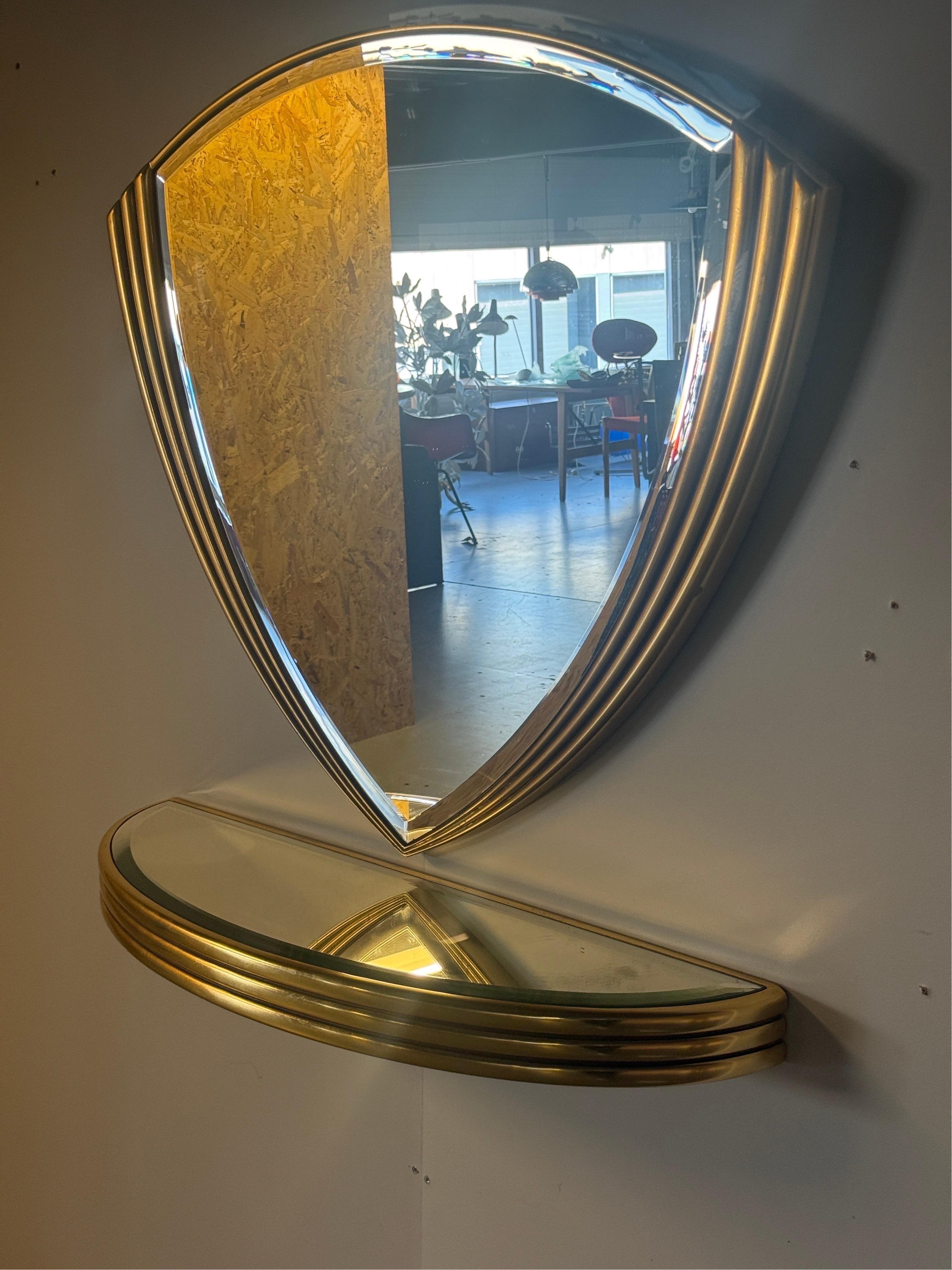 Fin du 20e siècle Miroir mural doré de style Art-déco avec console 1970 Belgique -set- en vente