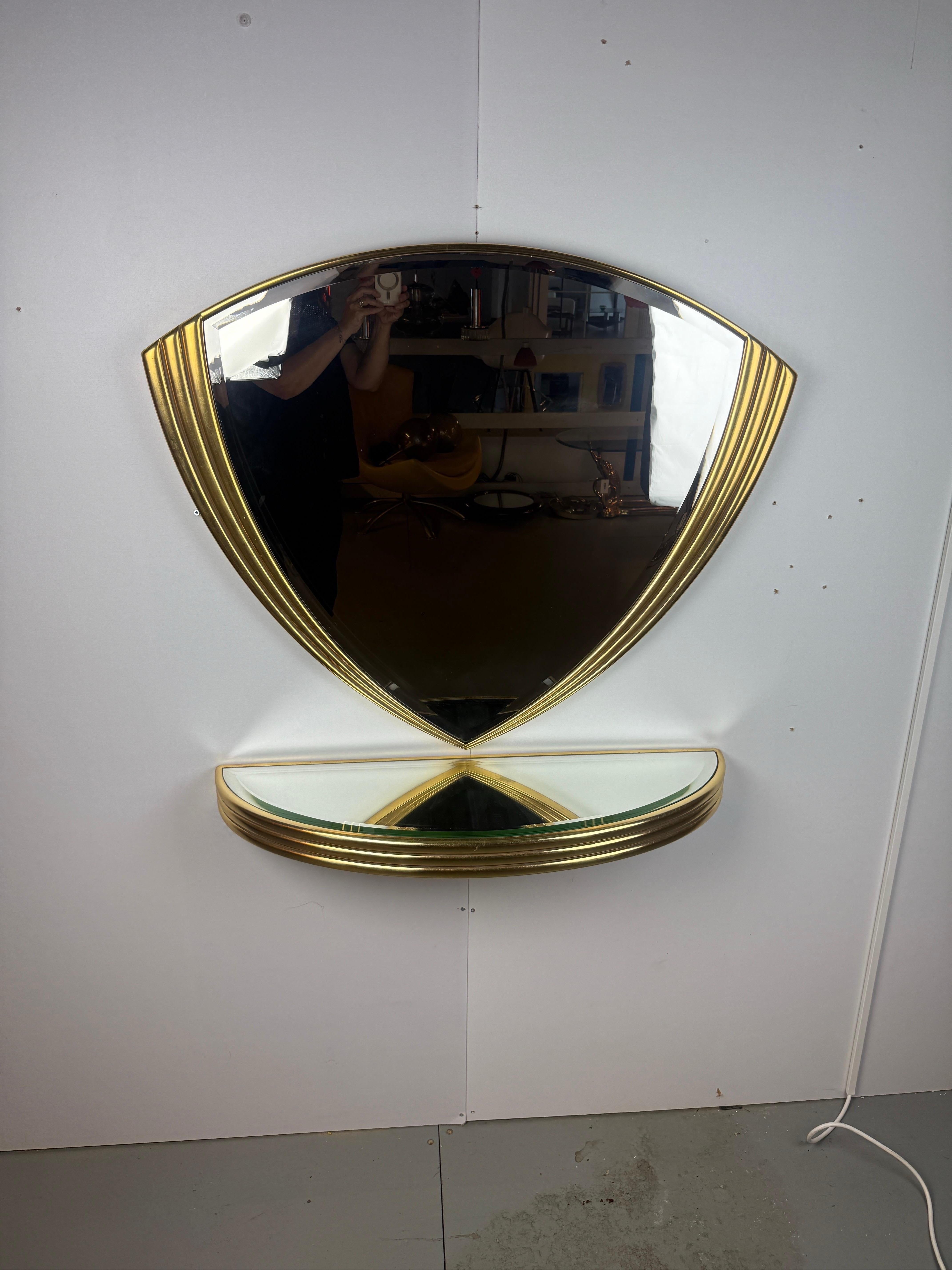 Miroir mural doré de style Art-déco avec console 1970 Belgique -set- en vente 2