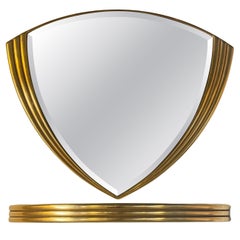 Art-deco style triangel golden wall mirror with console 1970 Belgium -set-