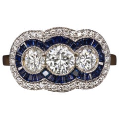 Art Deco Style Trilogy Diamond Blue Sapphire 2 Carat Gold Ring