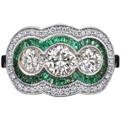 Art Deco Style Trilogy Diamond Emeralds 2 Carat Gold Ring