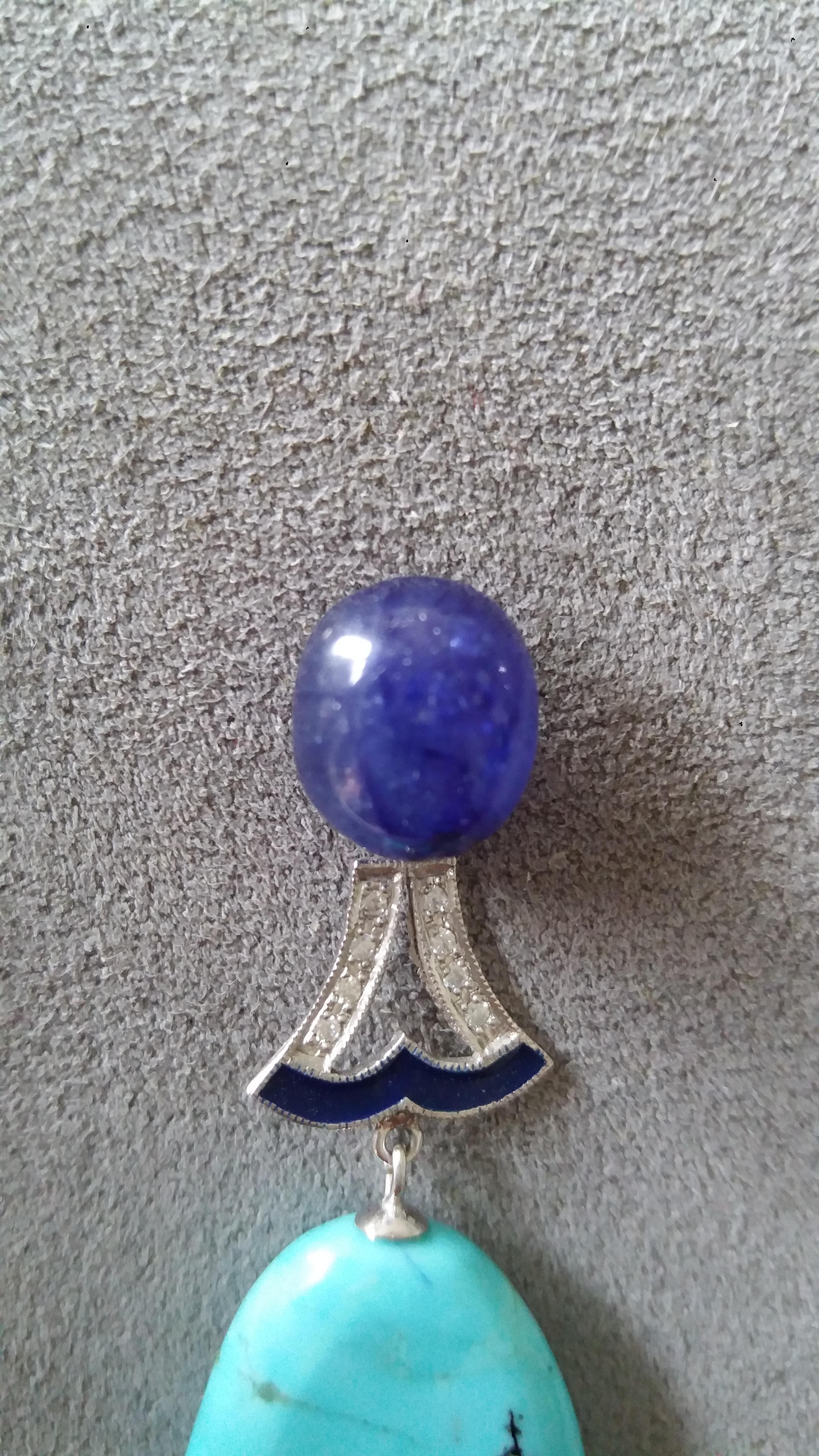 Flache Tropfenohrringe im Art-déco-Stil mit Türkis, blauem Saphir, Gold, Diamant und Emaille (Art déco) im Angebot