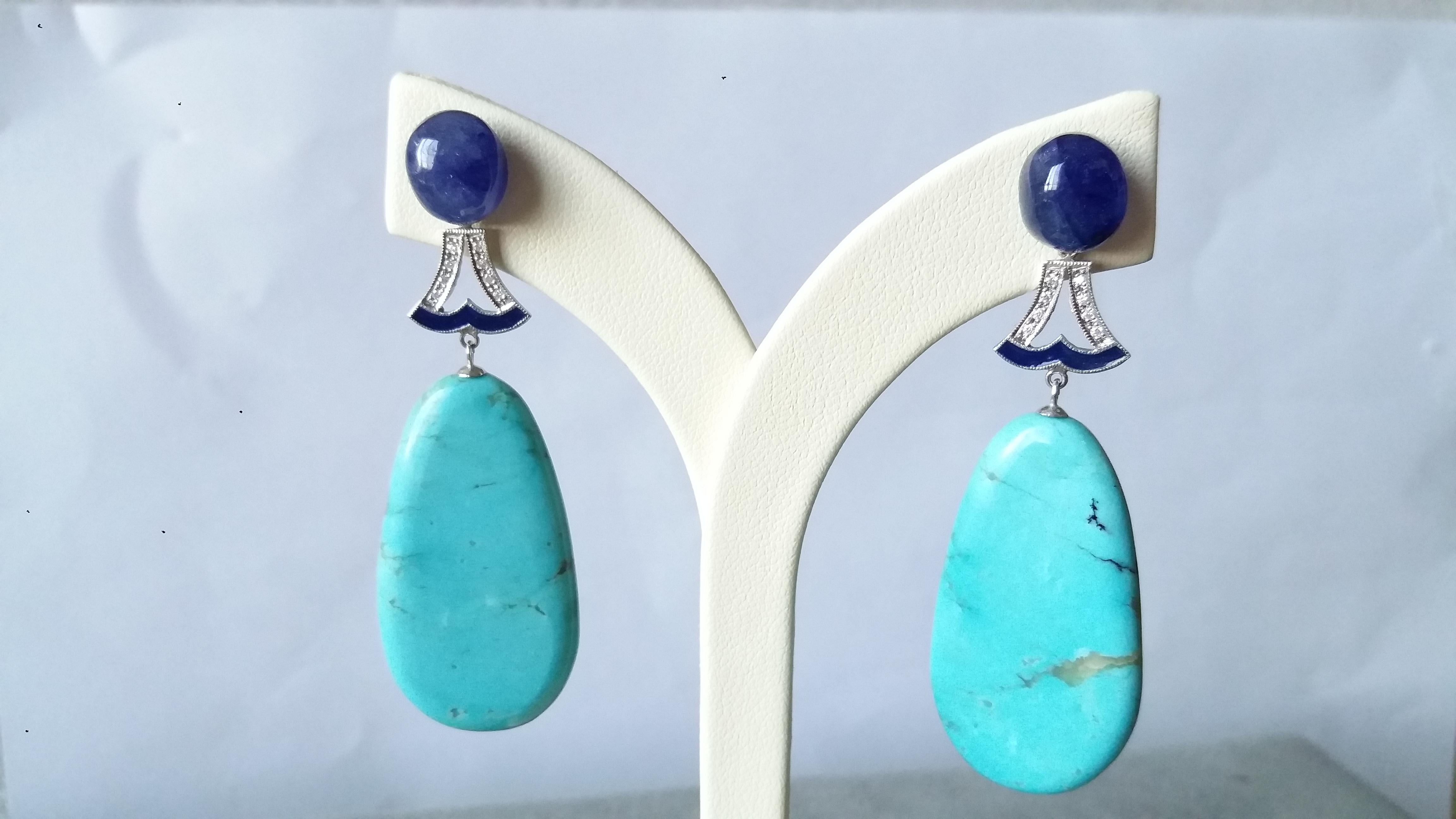 Art Deco Style Turquoise Blue Sapphire Gold Diamond Enamel Flat Drop Earrings In Excellent Condition For Sale In Bangkok, TH