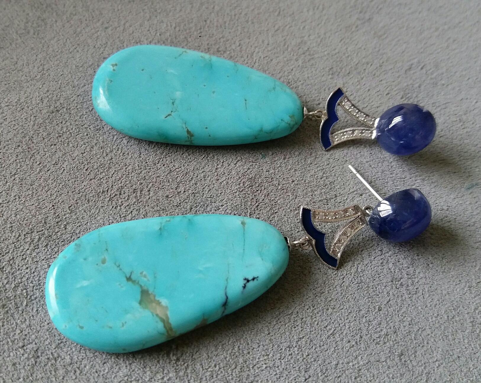 Art Deco Style Turquoise Blue Sapphire Gold Diamond Enamel Flat Drop Earrings For Sale 1