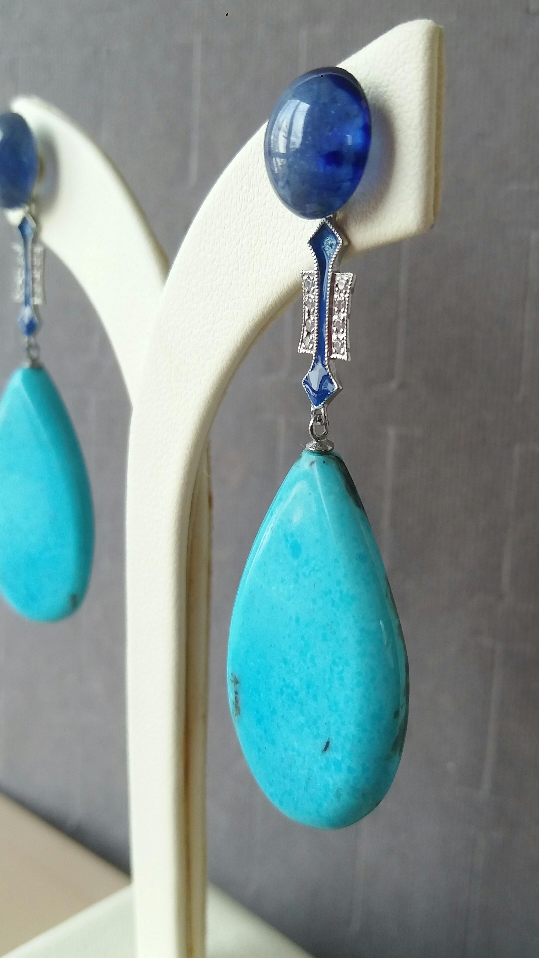 Mixed Cut Turquoise Art Deco Style Blue Sapphire Gold Diamonds Blue Enamel Dangle Earrings For Sale