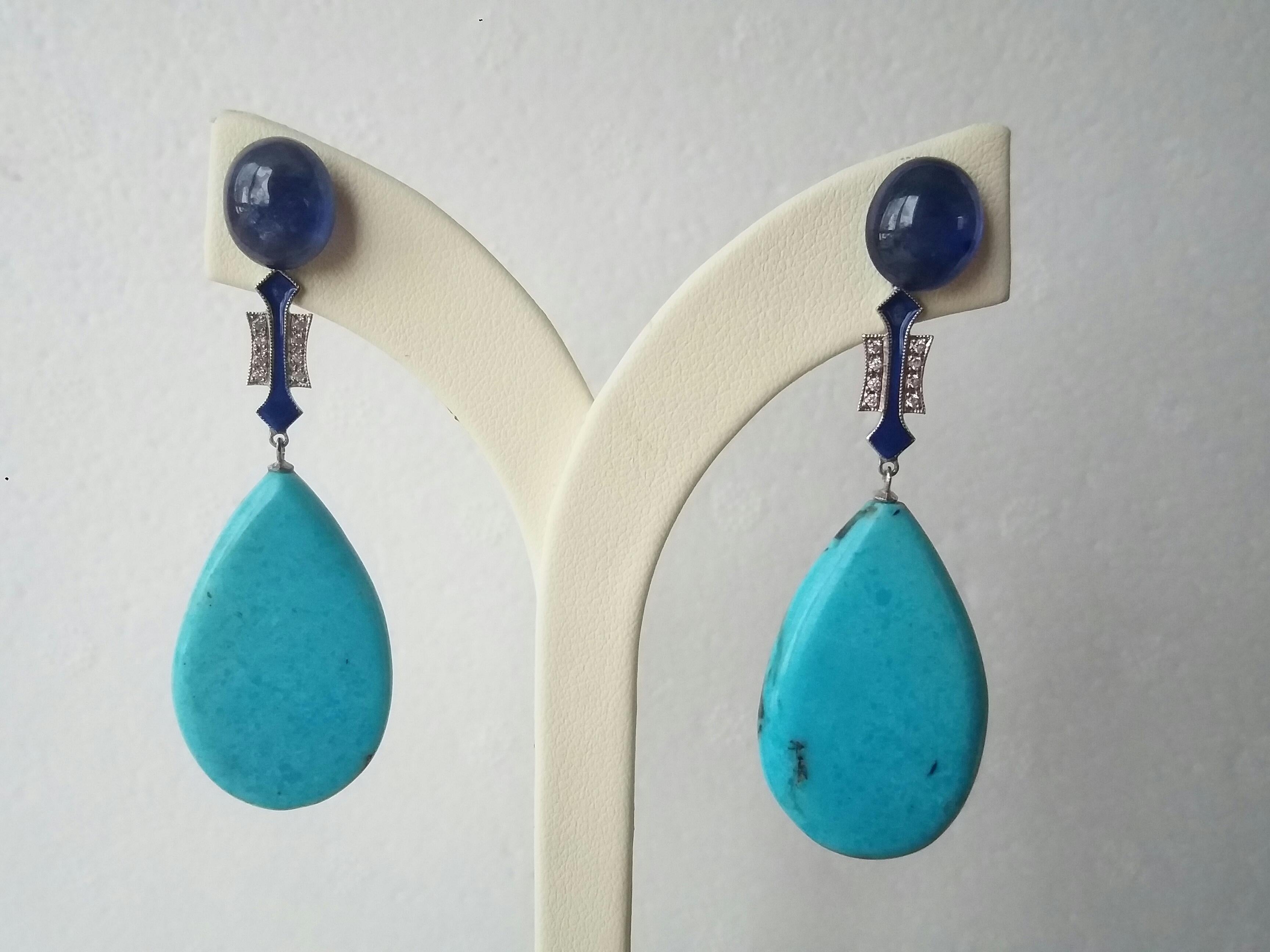 Turquoise Art Deco Style Blue Sapphire Gold Diamonds Blue Enamel Dangle Earrings In Good Condition For Sale In Bangkok, TH