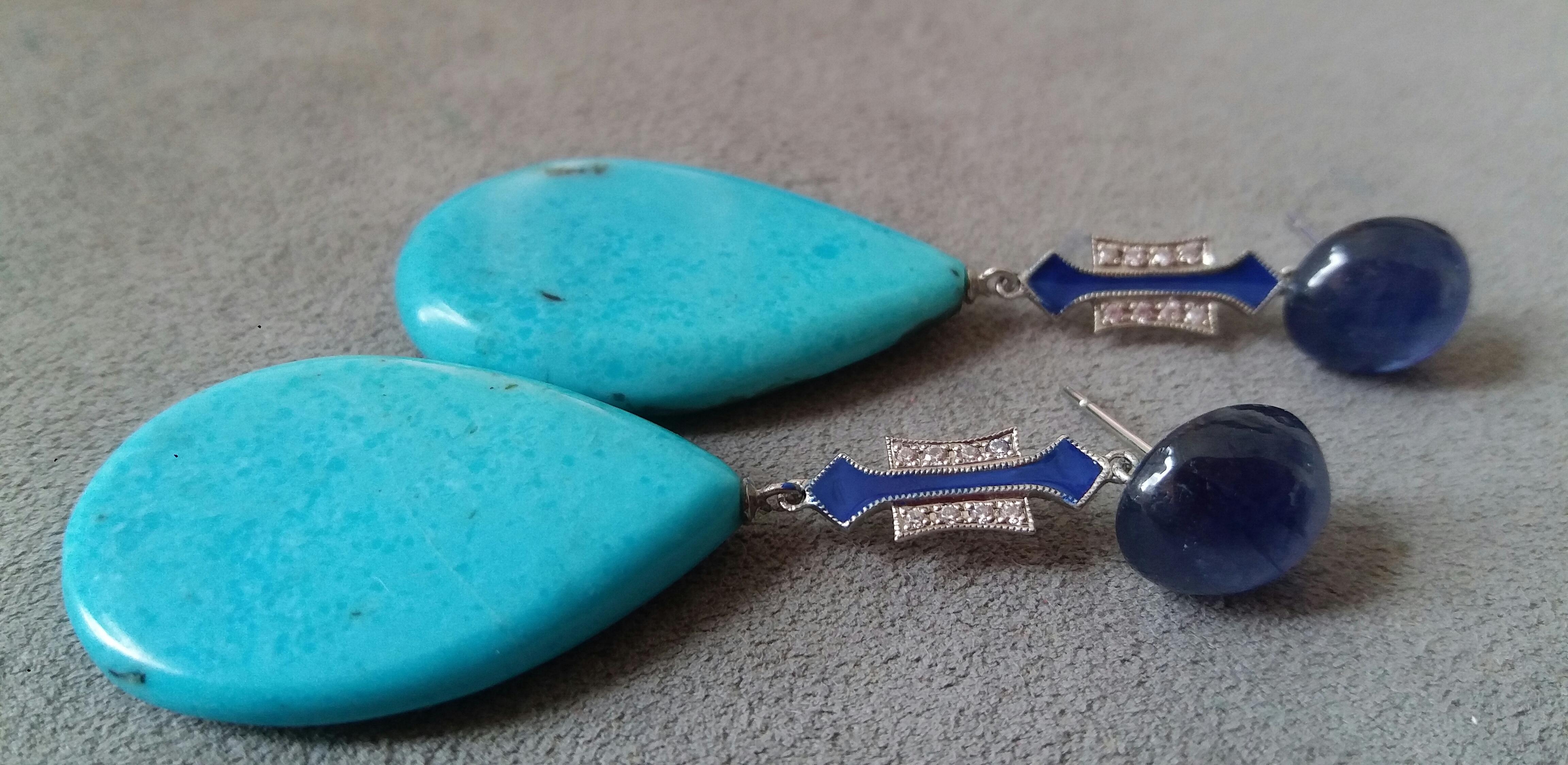 Women's Turquoise Art Deco Style Blue Sapphire Gold Diamonds Blue Enamel Dangle Earrings For Sale