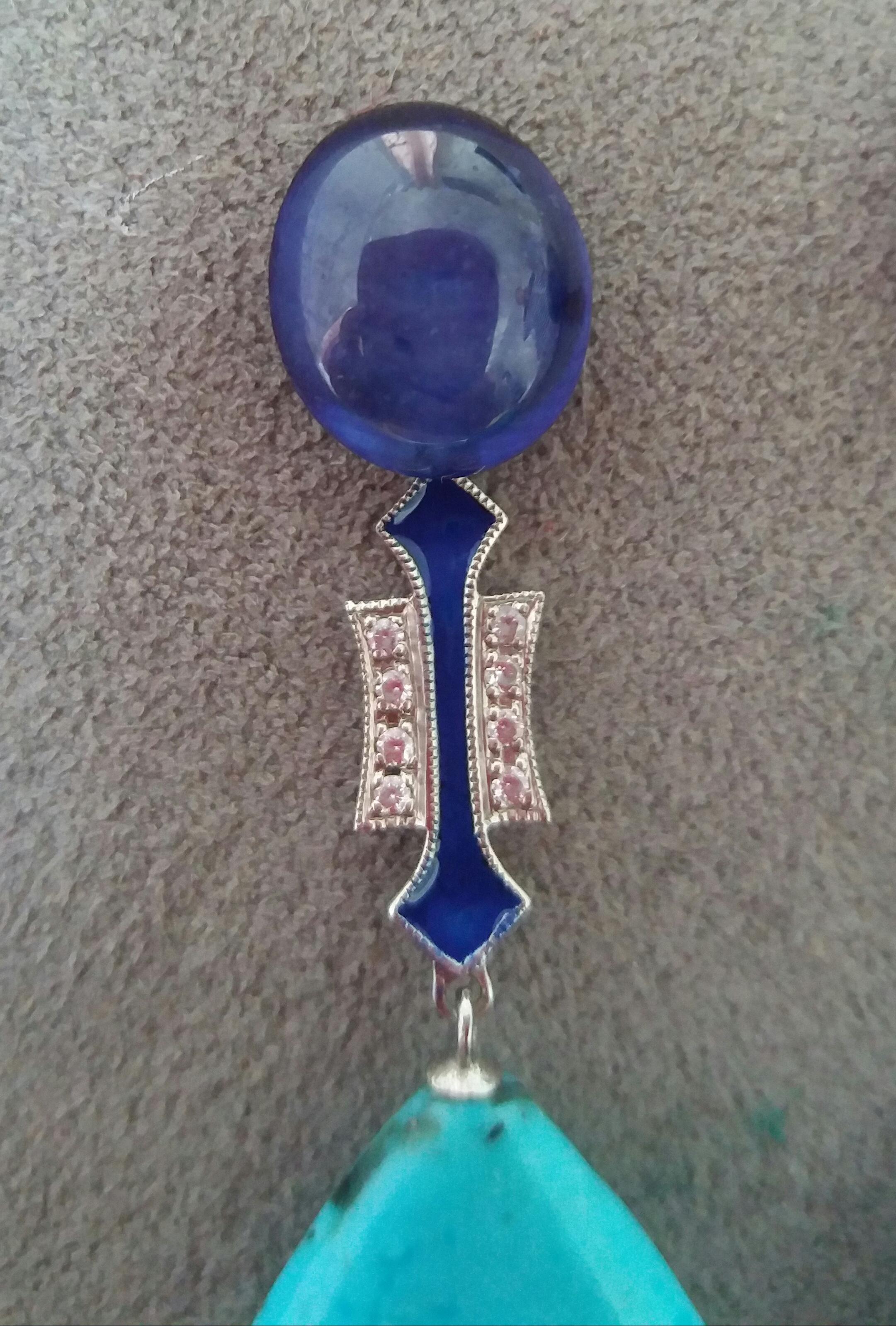 Turquoise Art Deco Style Blue Sapphire Gold Diamonds Blue Enamel Dangle Earrings For Sale 1