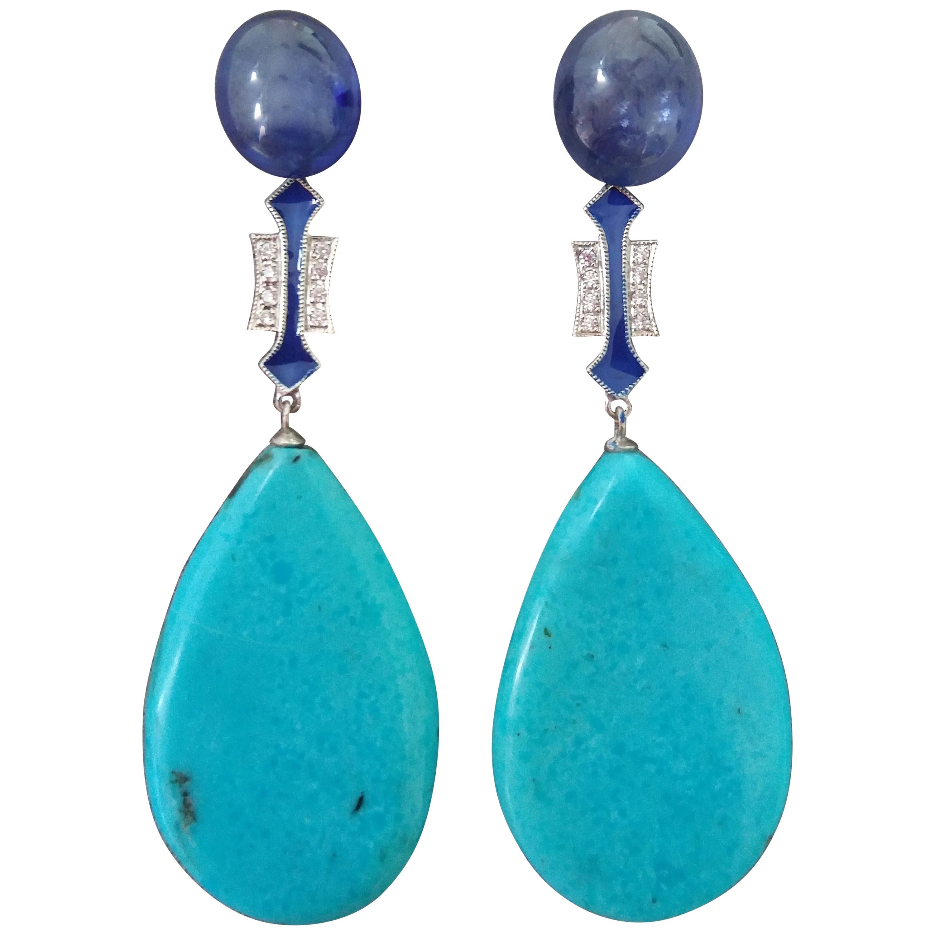 Türkis Art Deco Stil Blauer Saphir Gold Diamanten Blau Emaille Ohrhänger