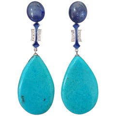 Turquoise Art Deco Style Blue Sapphire Gold Diamonds Blue Enamel Dangle Earrings