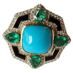Art Deco style Turquoise, Emerald, Black Enamel & Diamonds Cocktail Ring