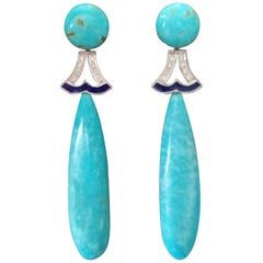 Art Deco Style Turquoise Gold Diamonds Blue Enamel Drops Earrings
