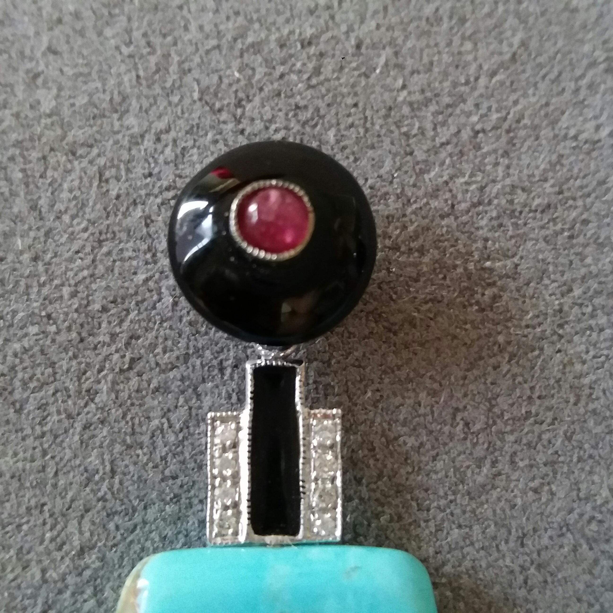Art Deco Style Turquoise Onix Diamonds Rubies Enamel Gold Trapeze Shape Earrings In Good Condition For Sale In Bangkok, TH