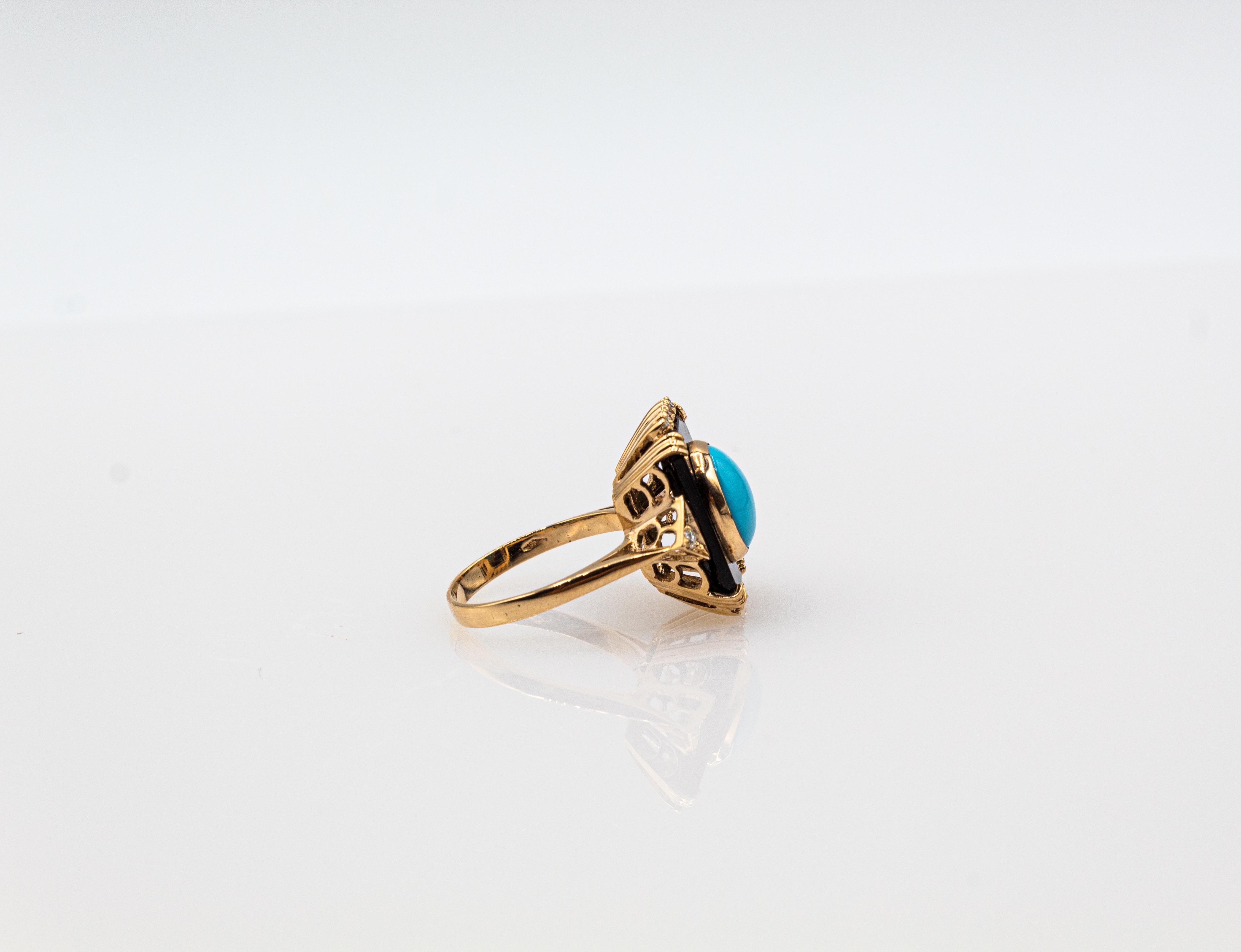 Art Deco Style Turquoise Onyx 0.18 Carat White Diamond Yellow Gold Cocktail Ring For Sale 5
