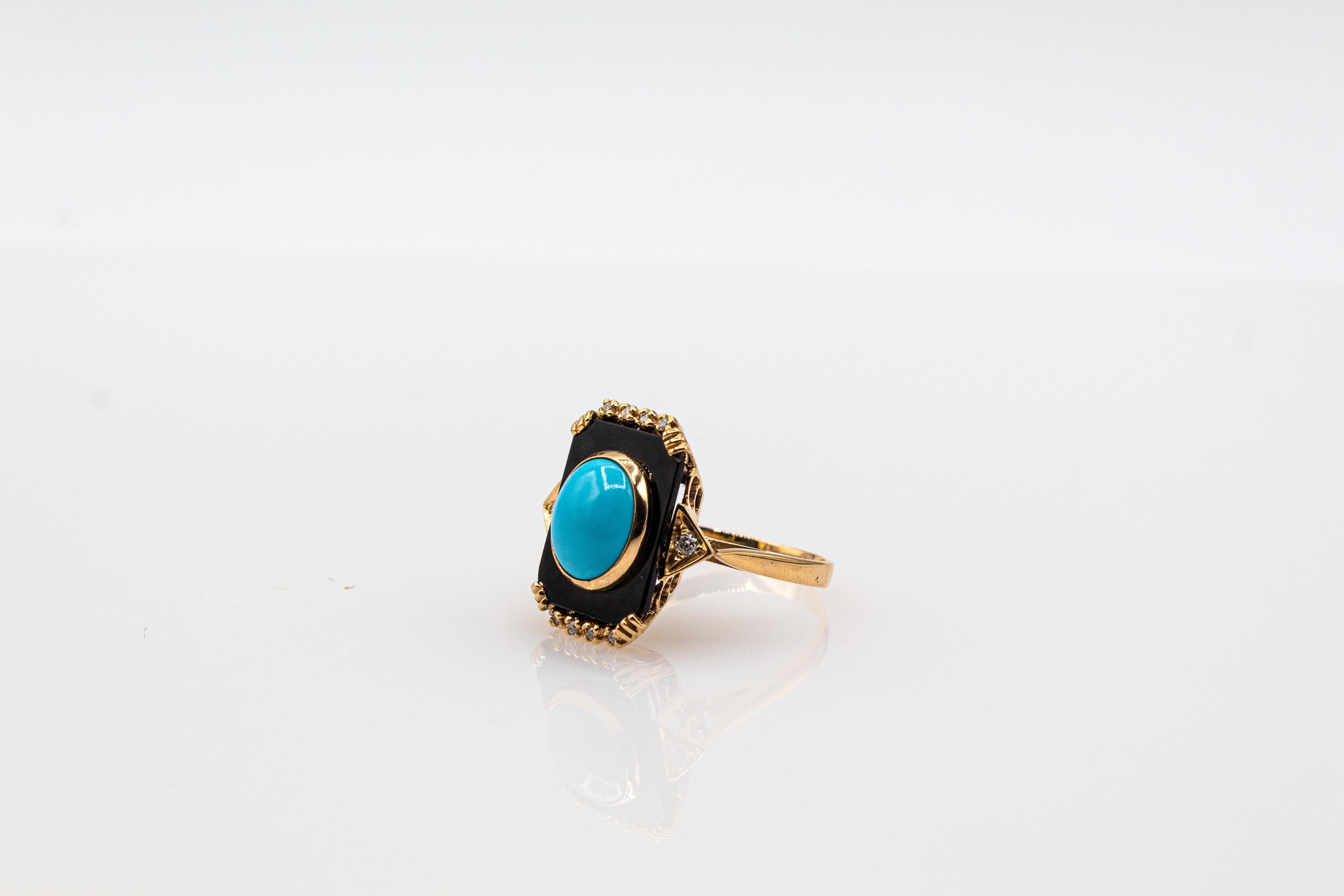 Art Deco Style Turquoise Onyx 0.18 Carat White Diamond Yellow Gold Cocktail Ring 7